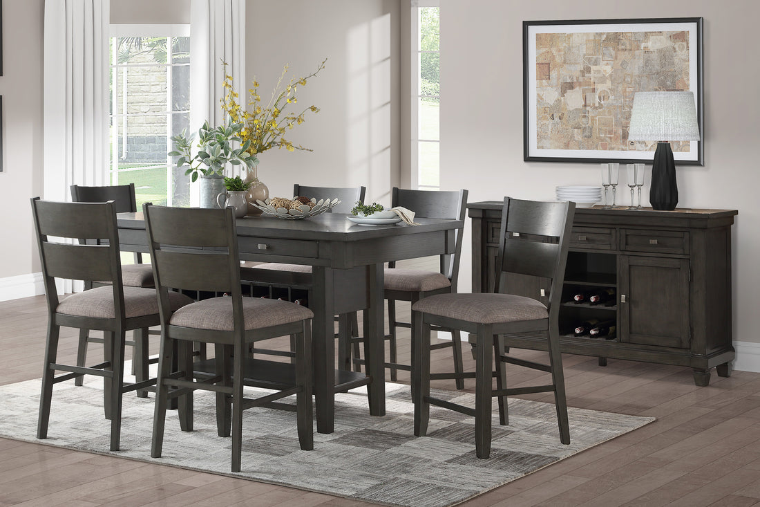 Counter Height 7Pc Dining Set Gray Finish Dining Table W 4X Drawers Wine Rack Display Shelf And 6X Counter Height Chairs Wooden Furniture Wood Wood Gray Seats 6 Wood Dining Room Transitional Rectangular Dining Table With Chair Wood