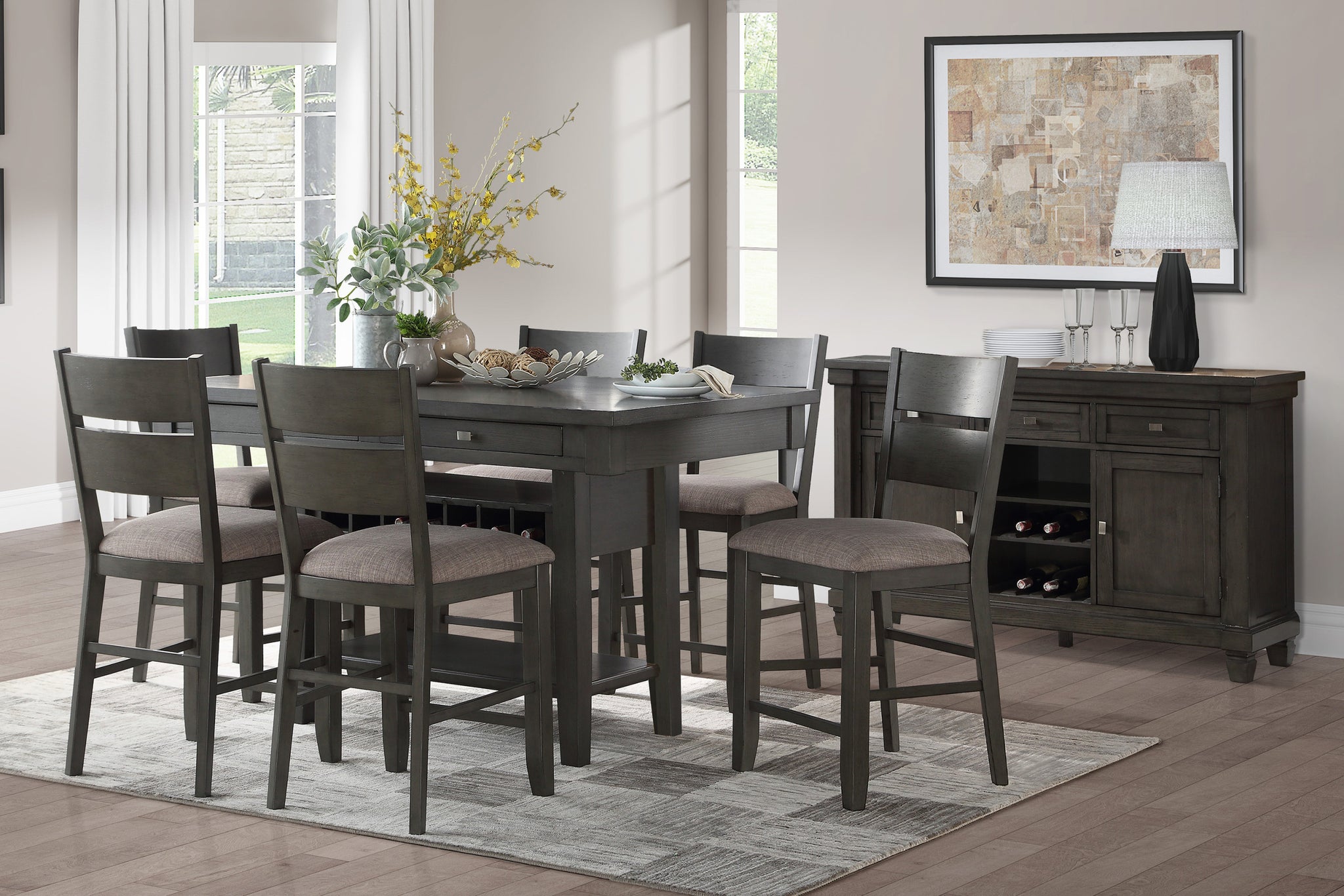 Counter Height 7pc Dining Set Gray Finish Dining Table wood-wood-gray-seats 6-wood-dining