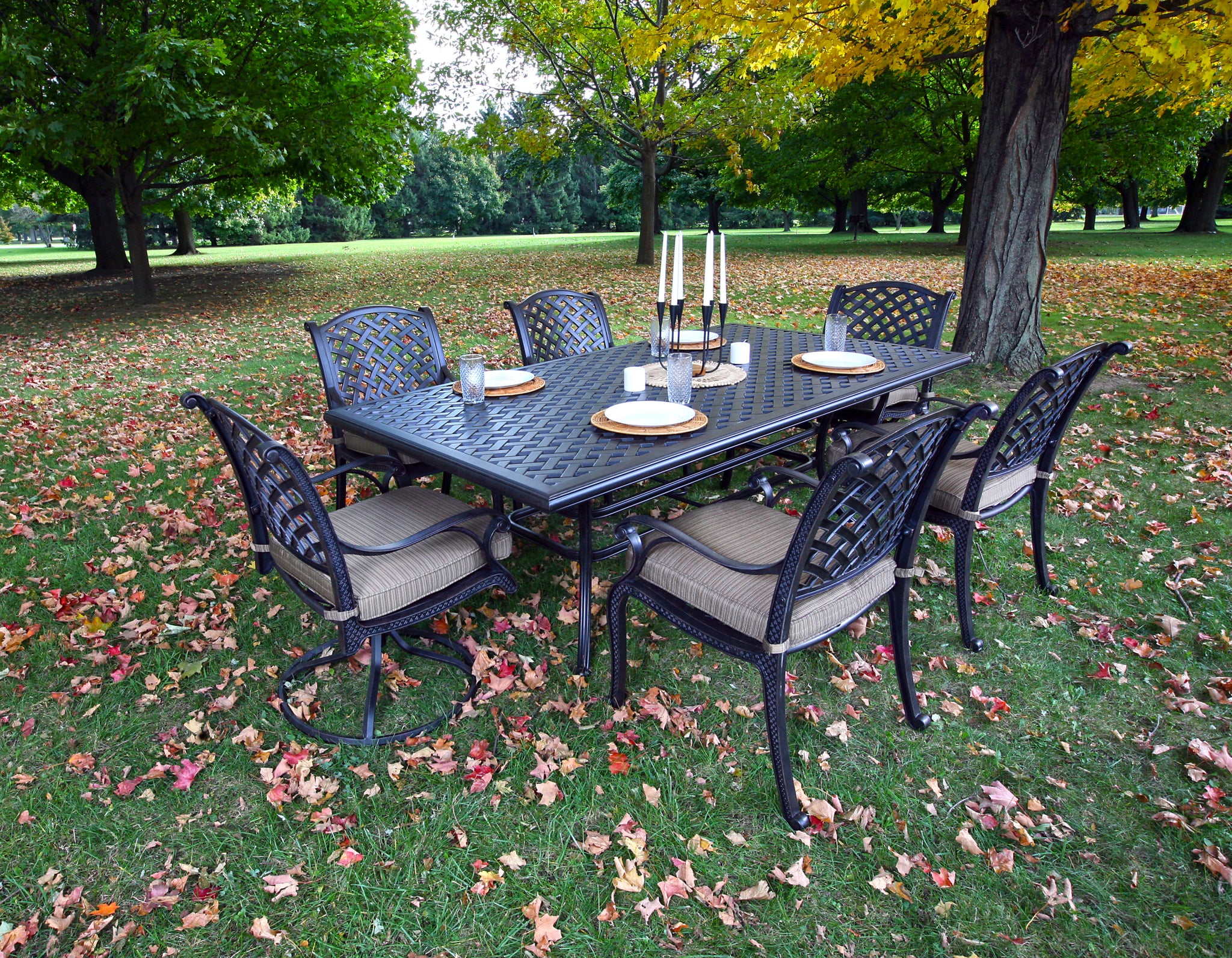 Rectangular 7 Piece 85.83" Long Aluminum Dining Set With Cushions Antique Brown Polyester Aluminum