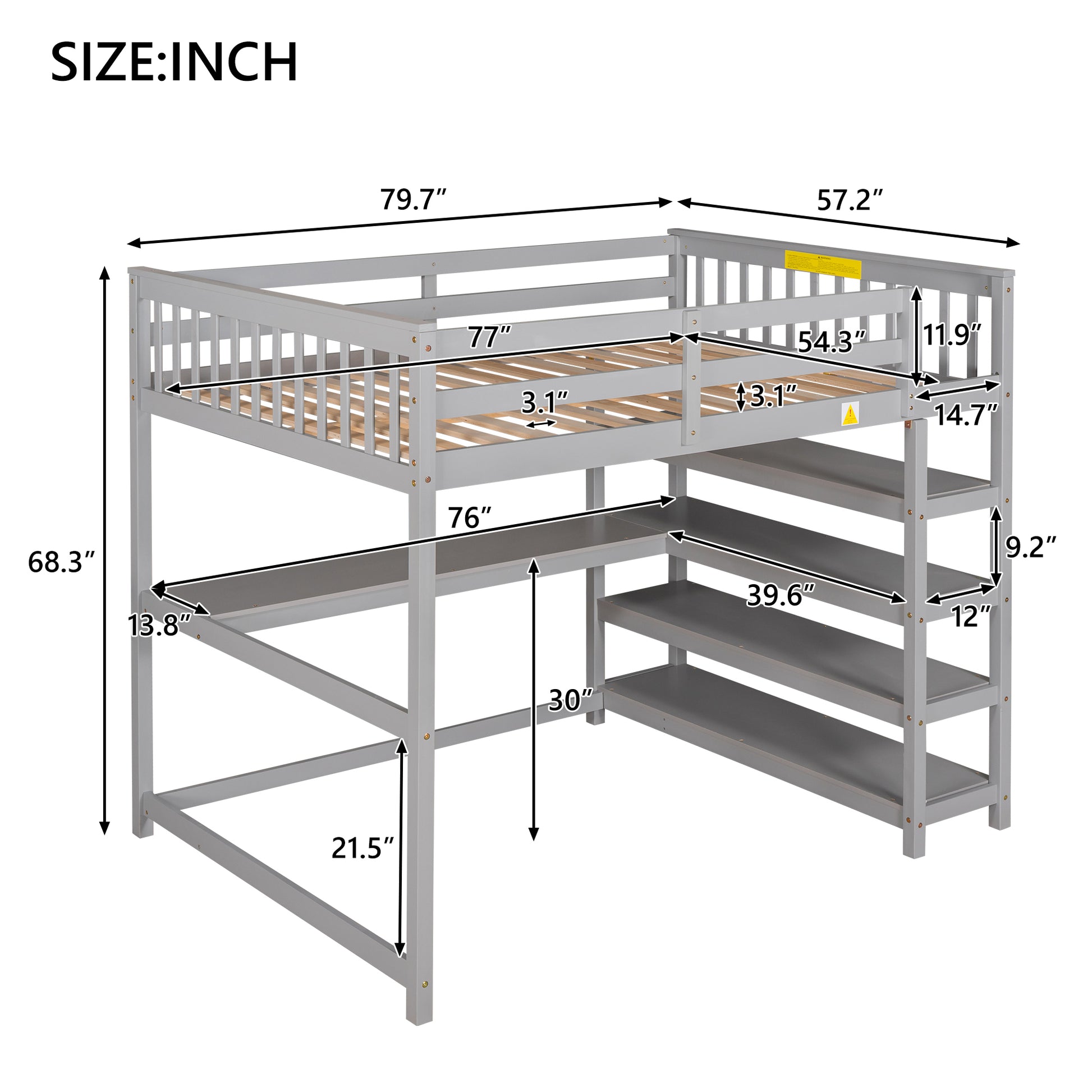 Full Size Loft Bed With Storage Shelves And Under Bed Desk, Gray Old Sku:Sm000246Aae 1 Box Spring Not Required Full Gray Wood Bedroom Pine