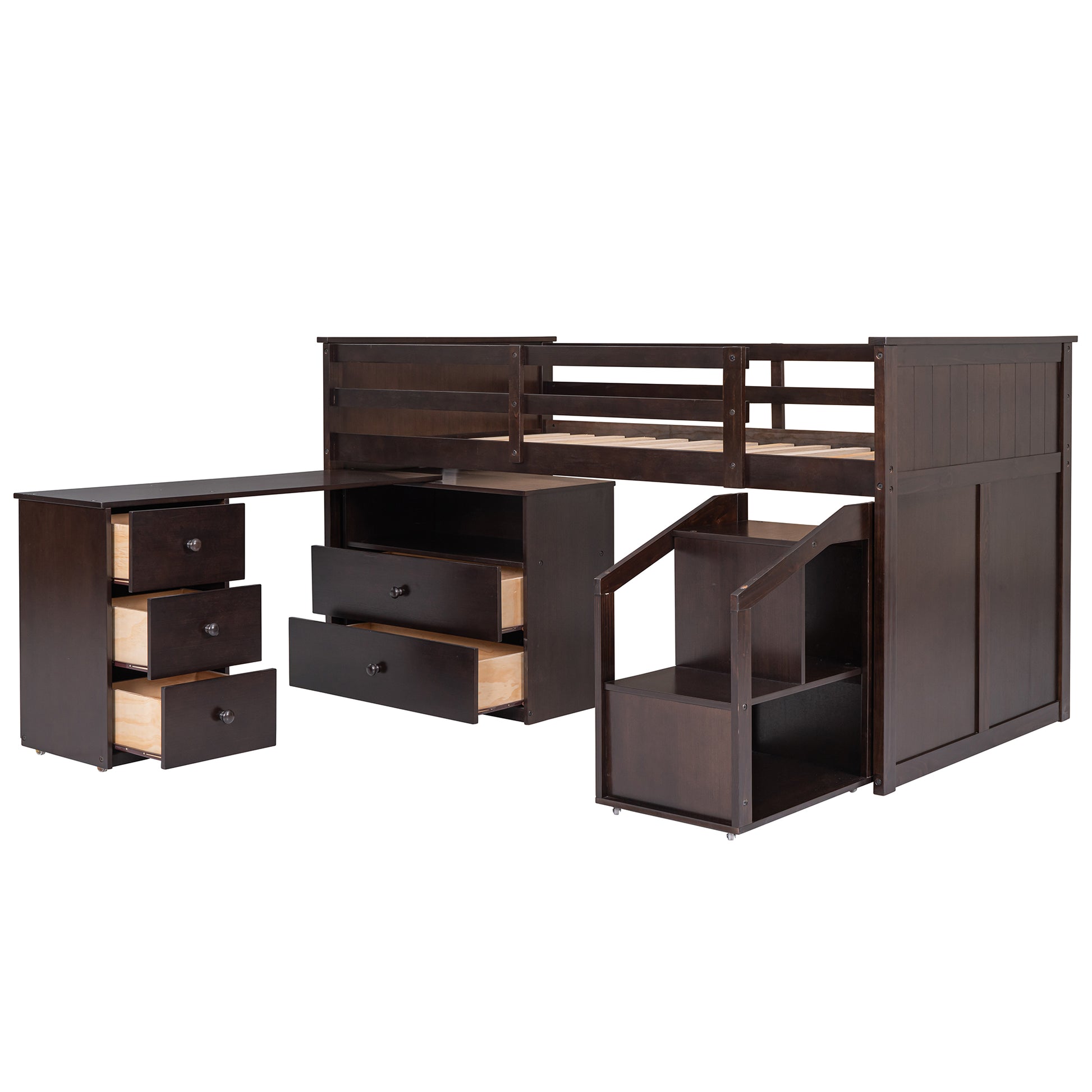 Loft Bed Low Study Twin Size Loft Bed With Storage Steps And Portable,Desk,Espresso Old Sku: Lt000101Aap Espresso Solid Wood