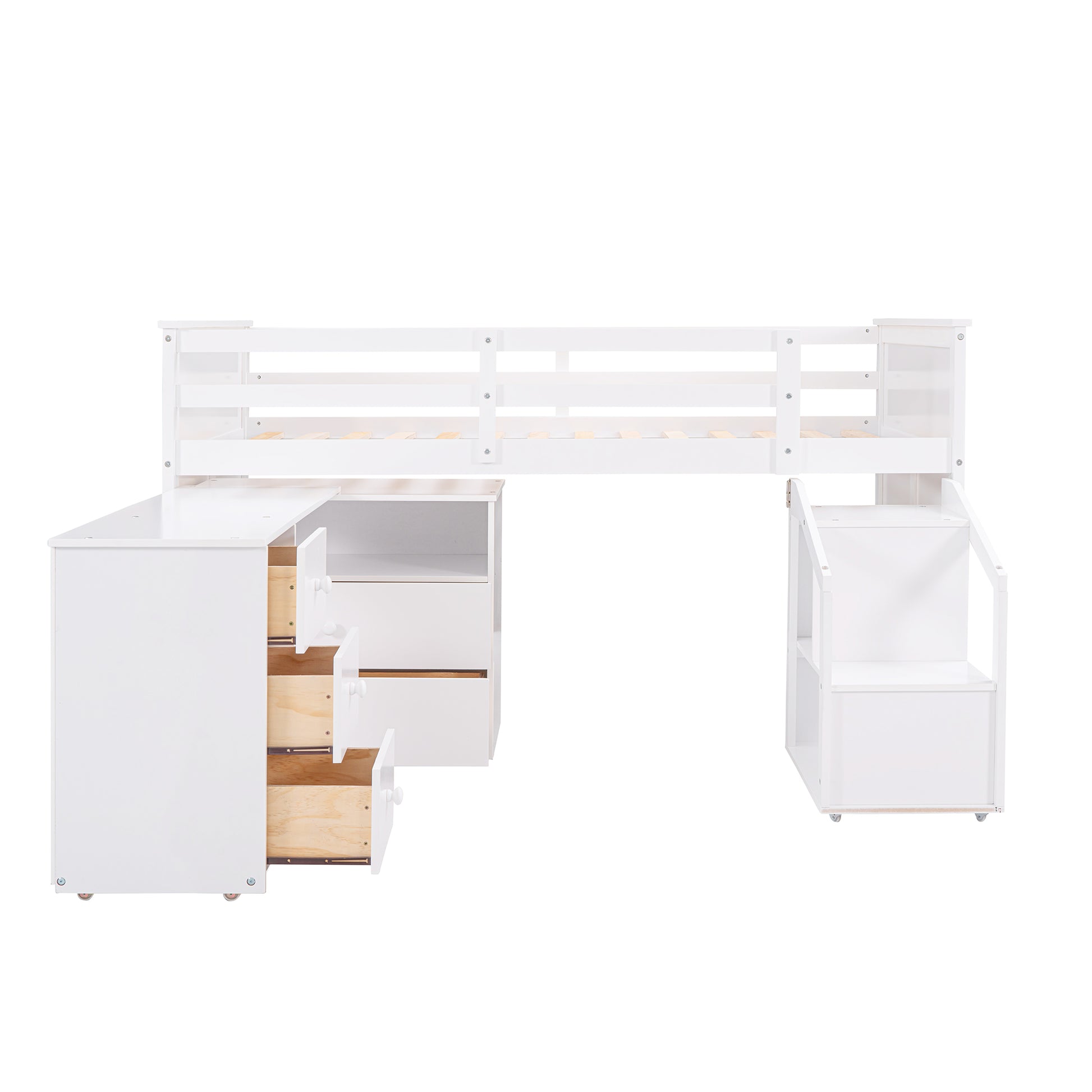 Loft Bed Low Study Twin Size Loft Bed With Storage Steps And Portable,Desk,White Old Sku: Lt000101Aak White Solid Wood