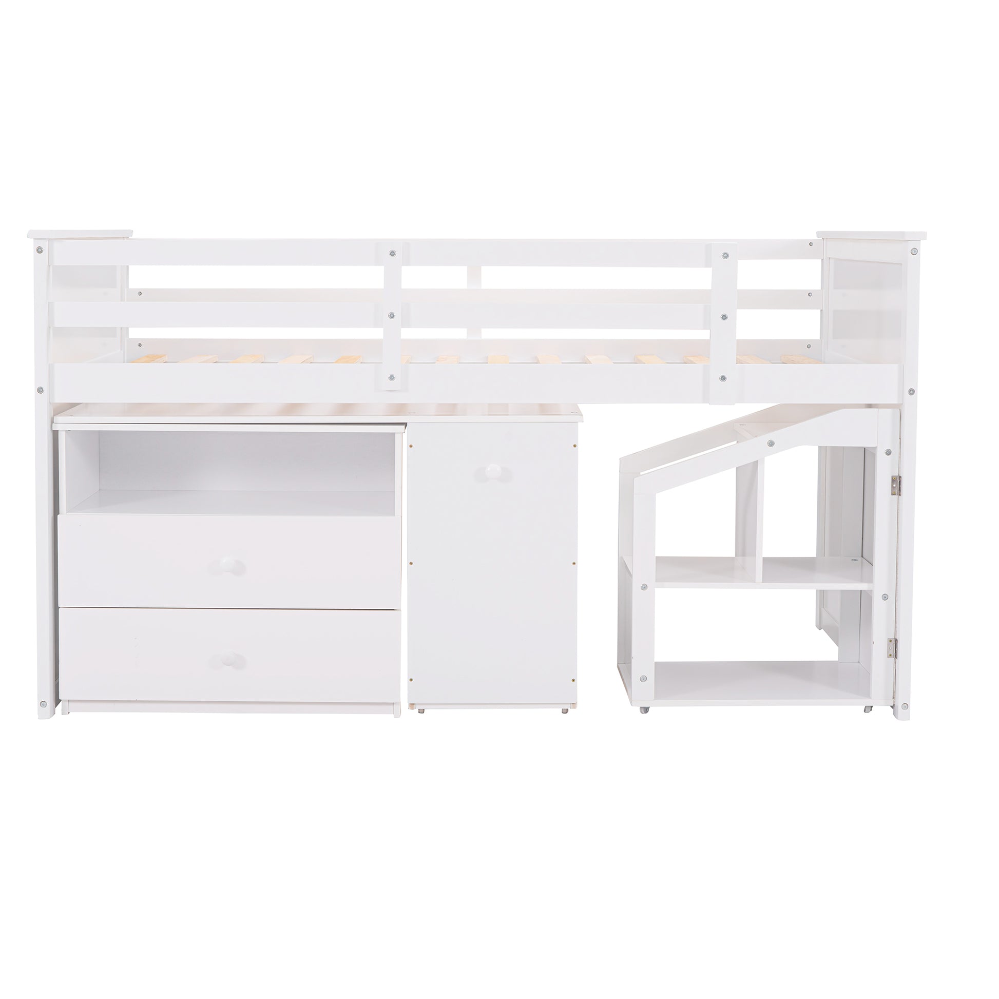 Loft Bed Low Study Twin Size Loft Bed With Storage Steps And Portable,Desk,White Old Sku: Lt000101Aak White Solid Wood