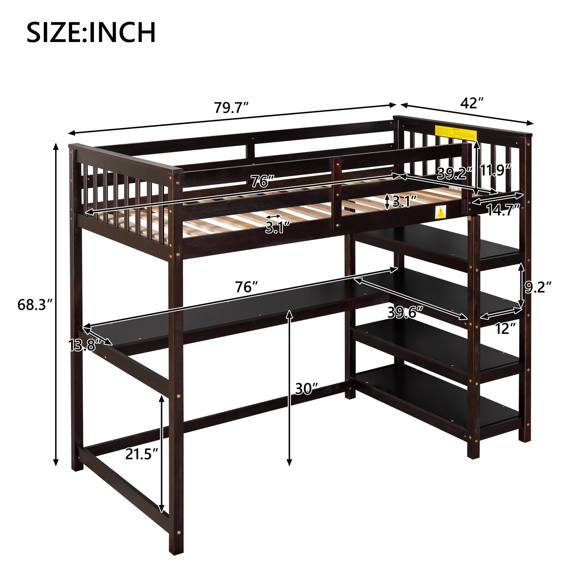 Twin Size Loft Bed With Storage Shelves And Under Bed Desk, Espresso Old Sku:Sm000245Aap 1 Espresso Pine