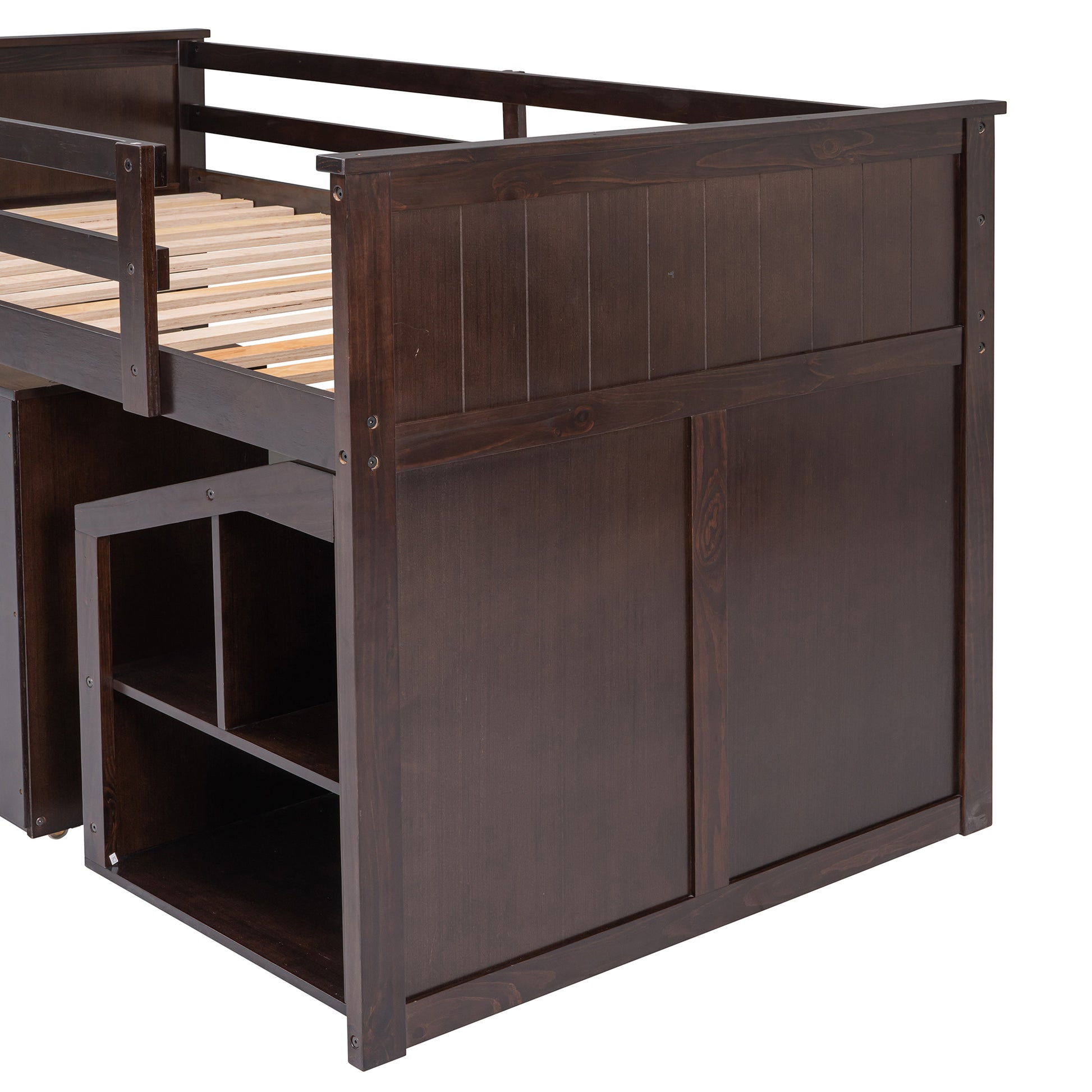 Loft Bed Low Study Twin Size Loft Bed With Storage Steps And Portable,Desk,Espresso Old Sku: Lt000101Aap Espresso Solid Wood