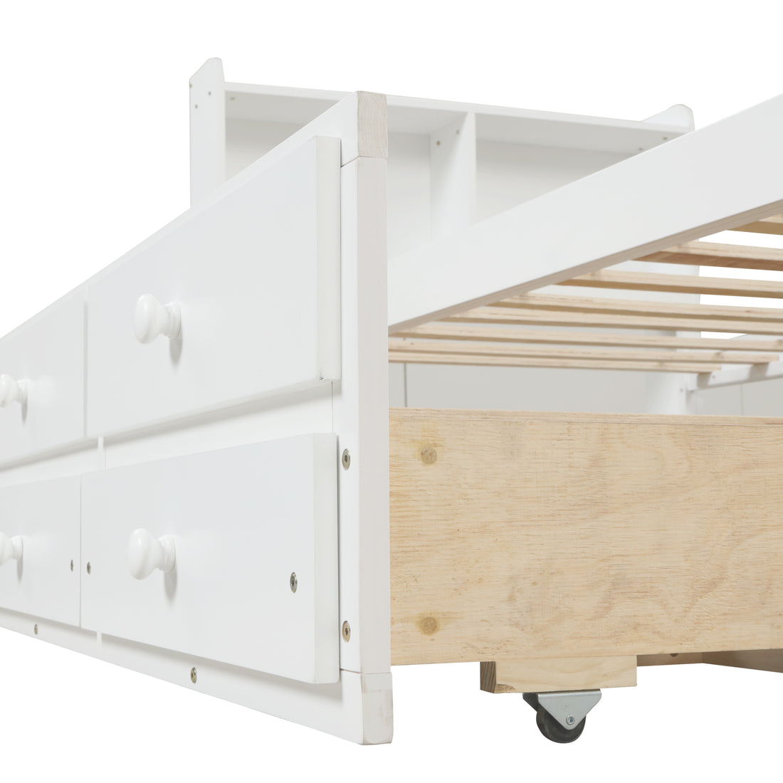 Twin Bed With Bookcase,Twin Trundle,Drawers,White Twin White Pine