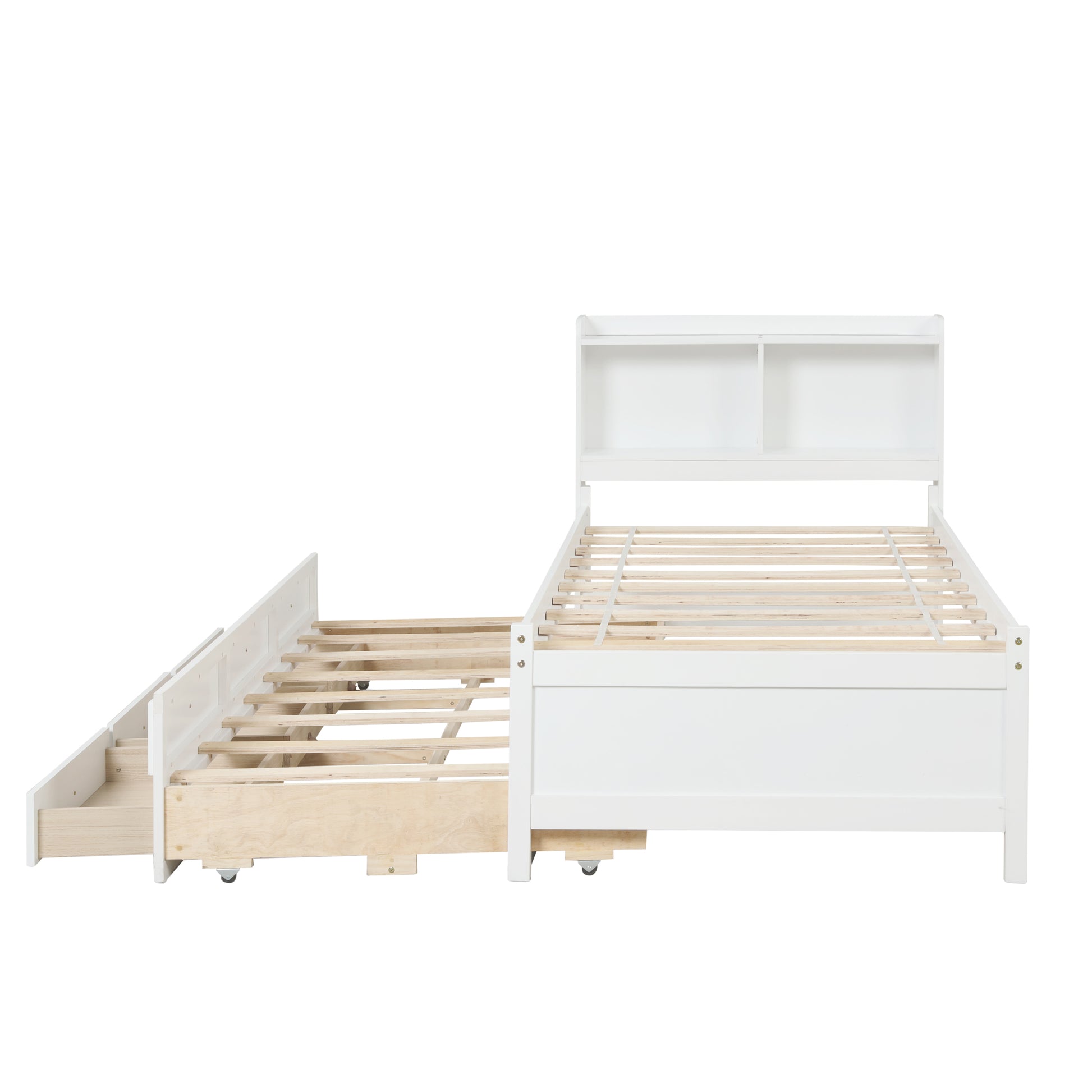 Twin Bed With Bookcase,Twin Trundle,Drawers,White Twin White Pine