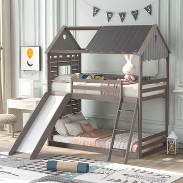 Twin Over Twin Bunk Bed Wood Bed With Roof, Window, Slide, Ladder ,Antique Gray Old Sku:Lp000059Aae Antique Gray Solid Wood