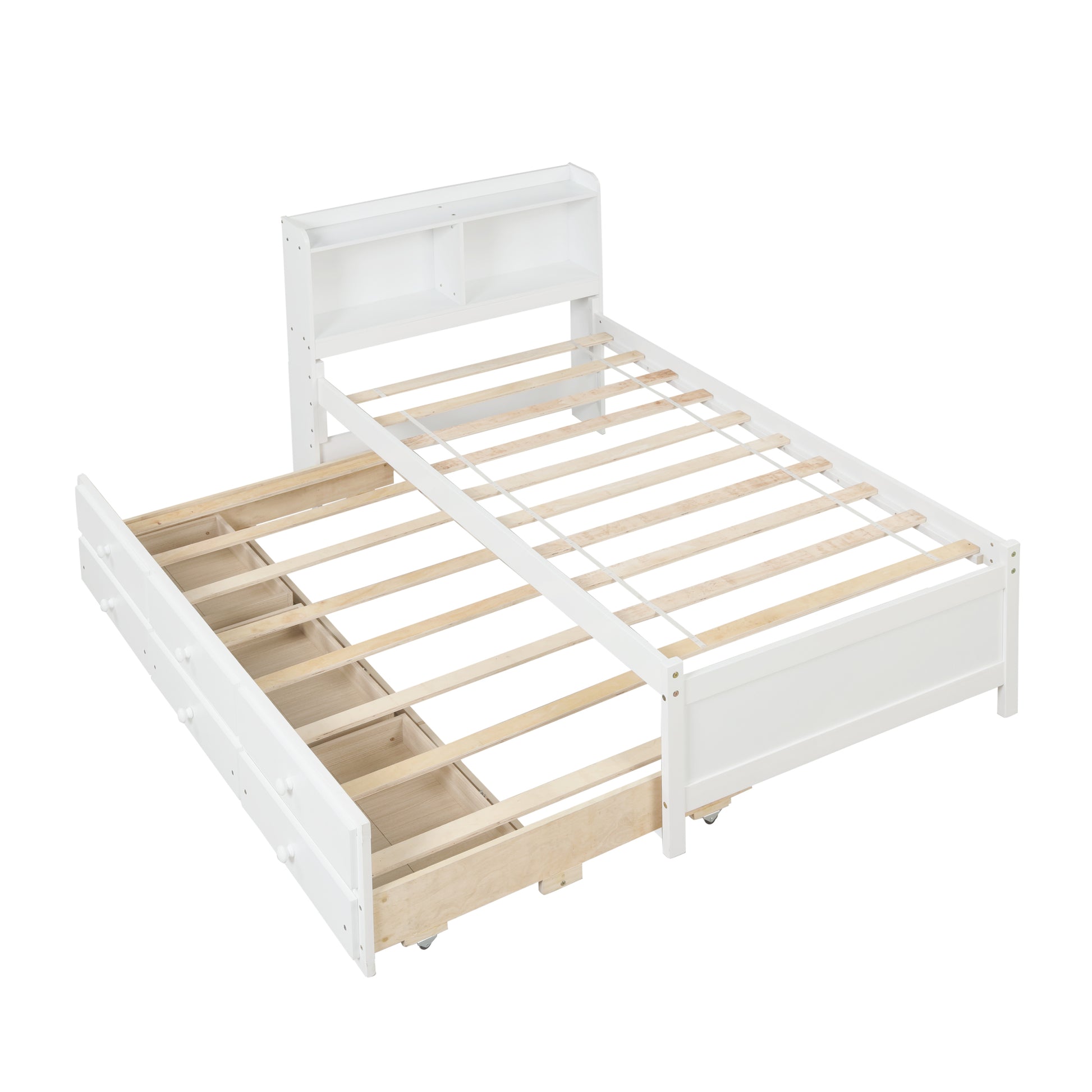 Twin Bed With Bookcase,Twin Trundle,Drawers,White Twin White Pine