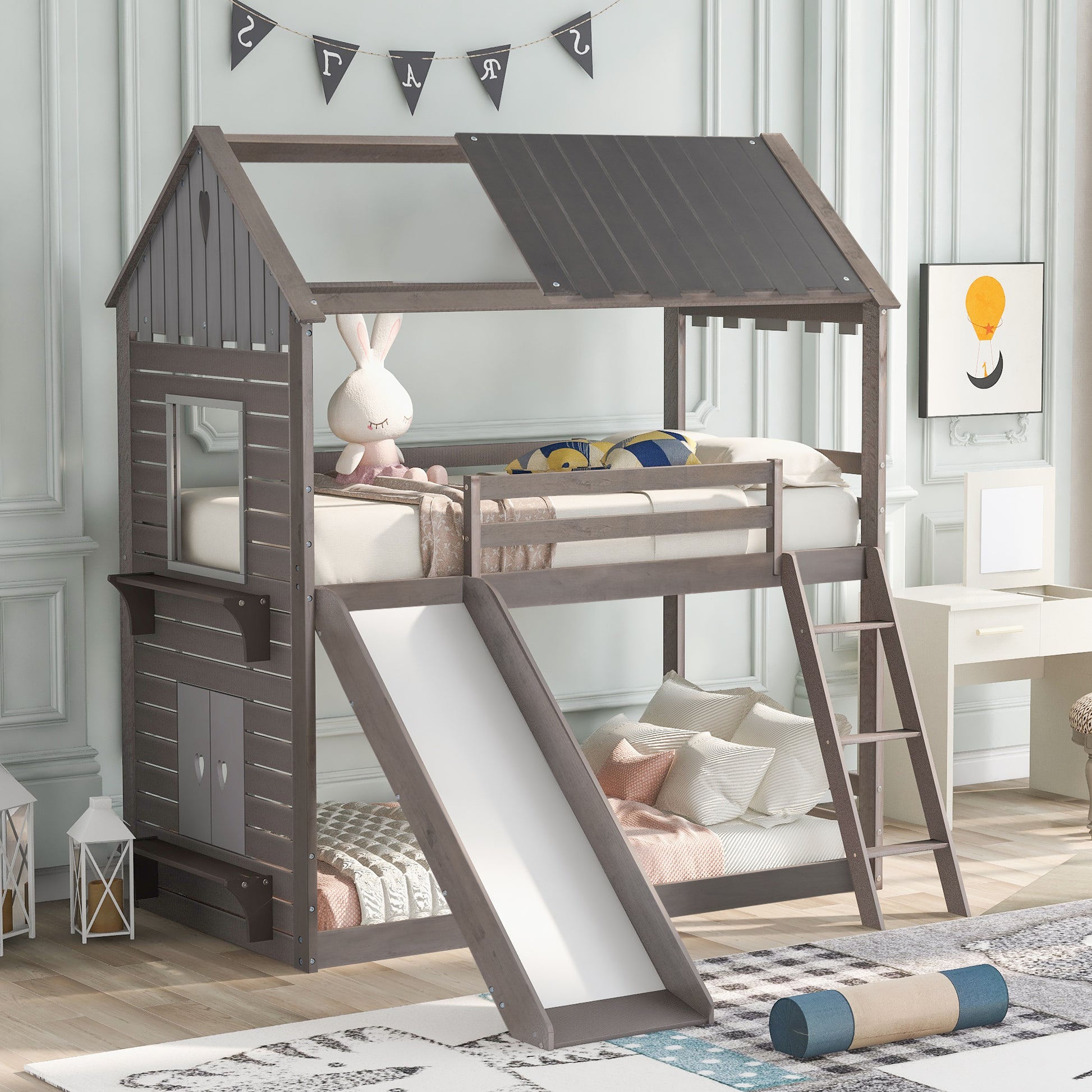 Twin Over Twin Bunk Bed Wood Bed With Roof, Window, Slide, Ladder ,Antique Gray Old Sku:Lp000059Aae Antique Gray Solid Wood