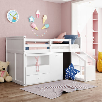 Loft Bed Low Study Twin Size Loft Bed With Storage Steps And Portable,Desk,White Old Sku: Lt000101Aak White Solid Wood