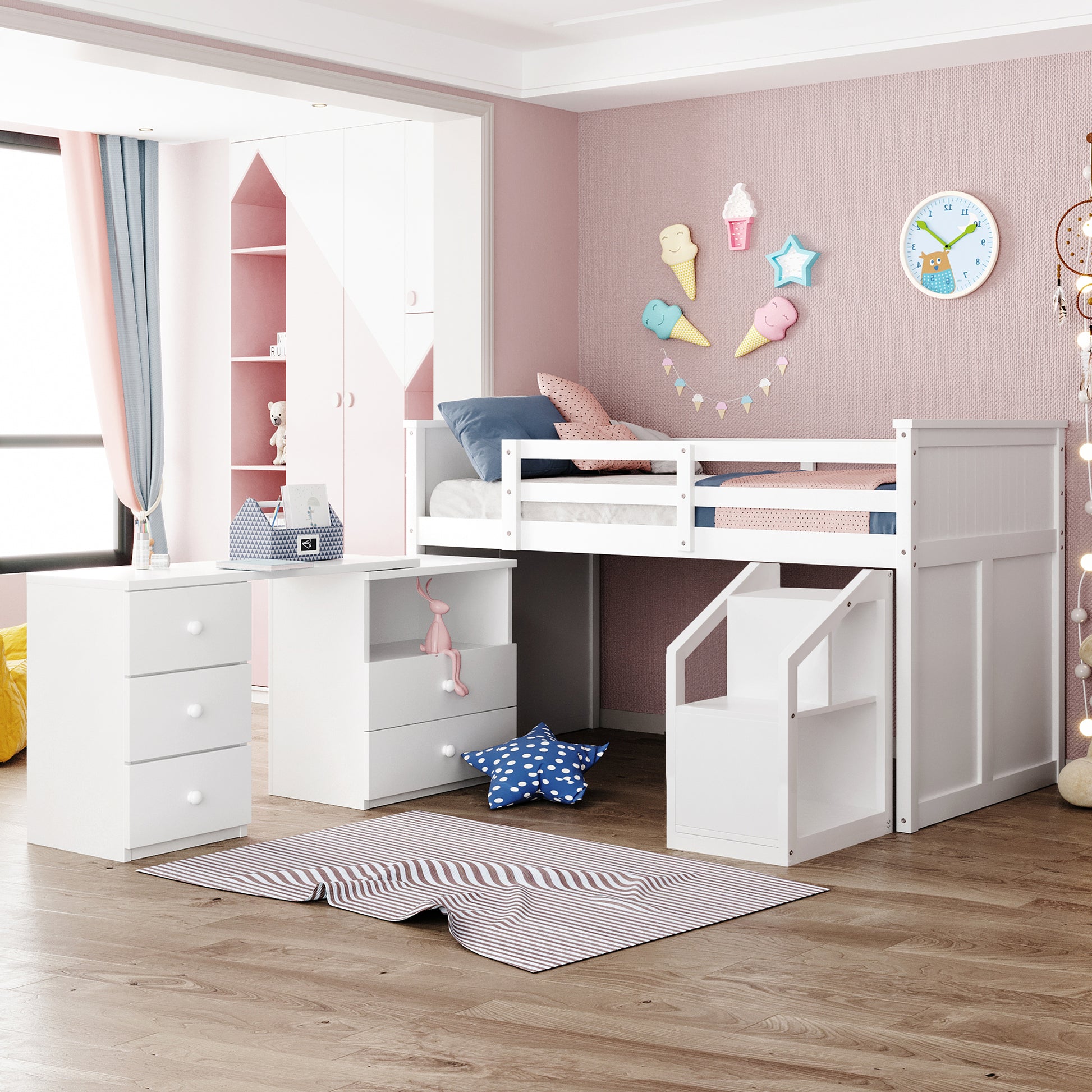 Loft Bed Low Study Twin Size Loft Bed With Storage Steps And Portable,Desk,White Old Sku: Lt000101Aak White Solid Wood