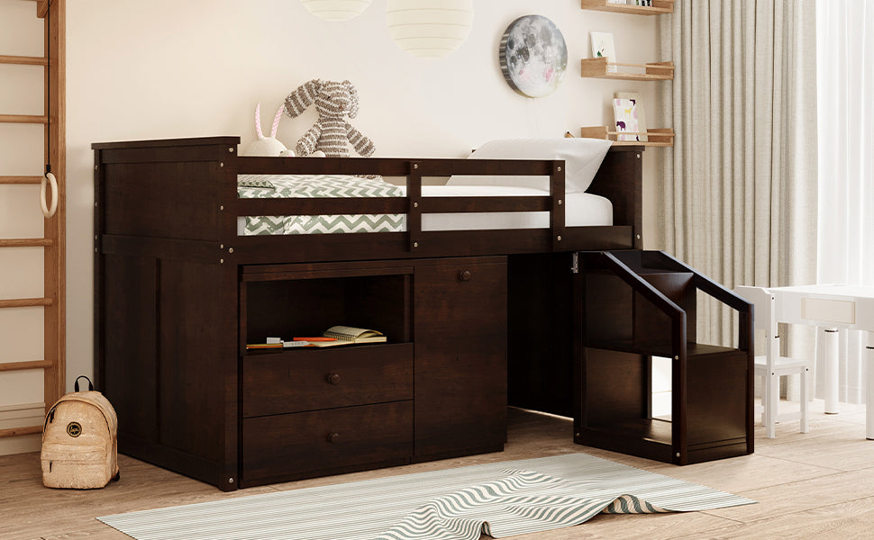 Loft Bed Low Study Twin Size Loft Bed With Storage Steps And Portable,Desk,Espresso Old Sku: Lt000101Aap Espresso Solid Wood