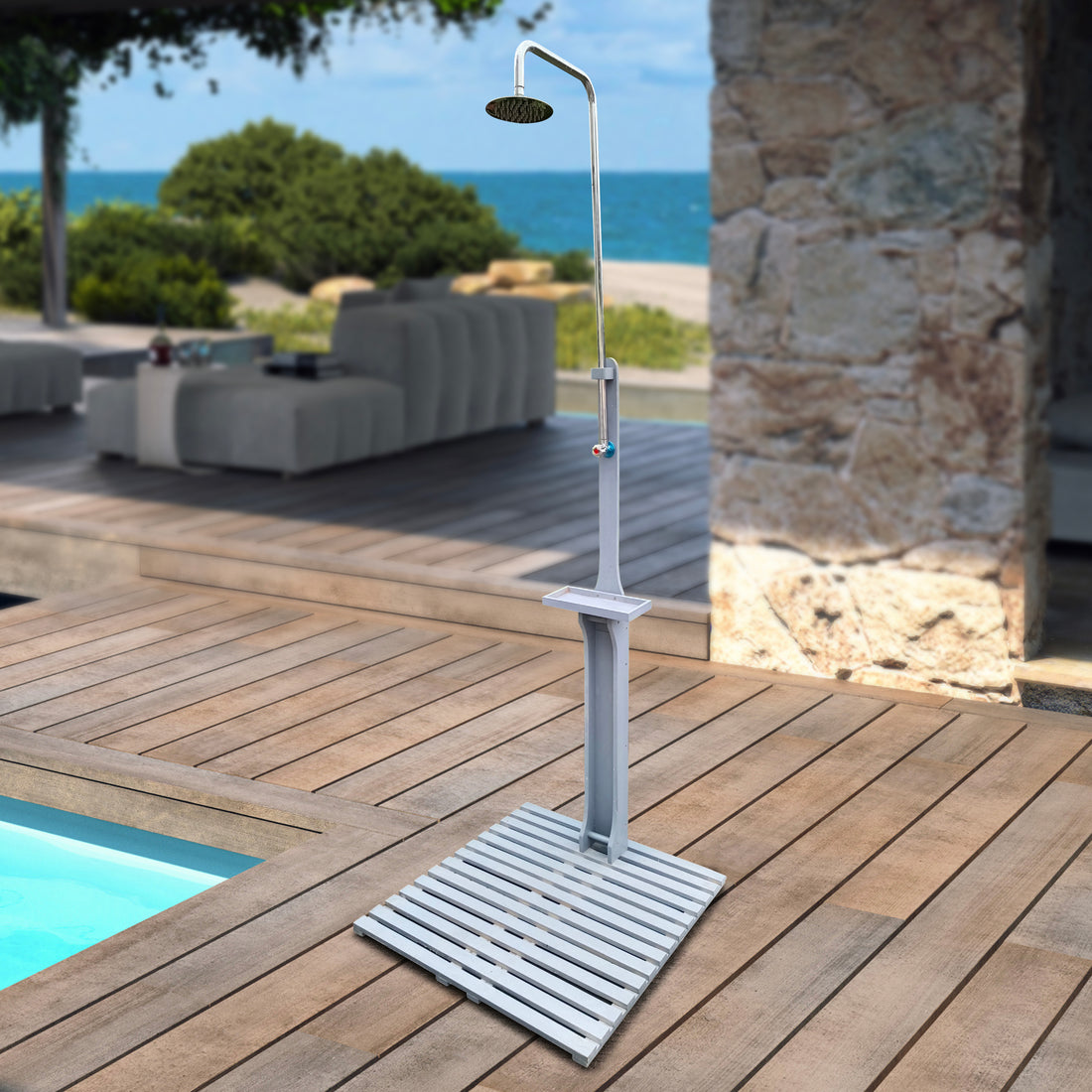 Outdoor Garden Pool Shower With Chassis Board, For Swimming Pool, Patio, Terrace, Garden,Wood Gray Solid Wood