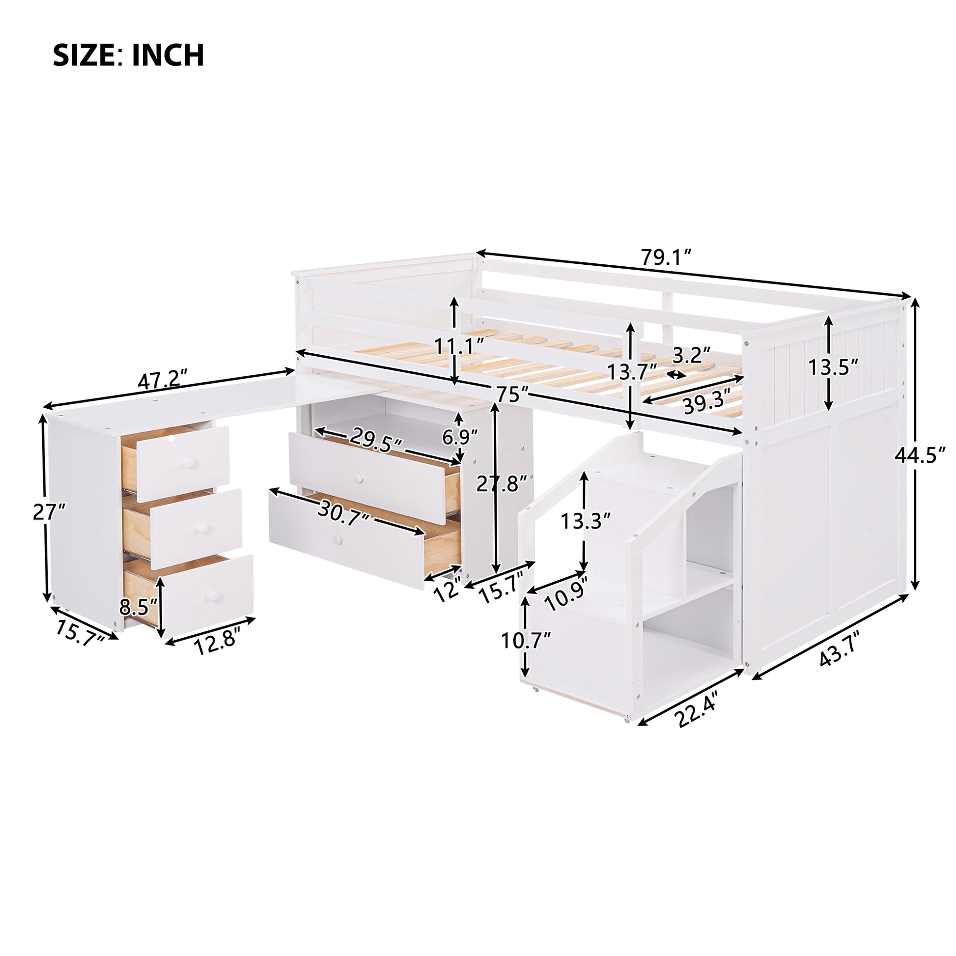 Loft Bed Low Study Twin Size Loft Bed With Storage Steps And Portable,Desk,White Old Sku: Lt000101Aak White Solid Wood