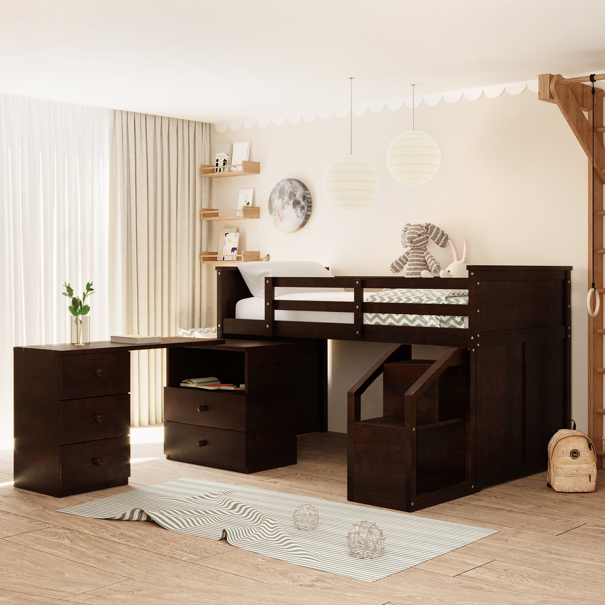 Loft Bed Low Study Twin Size Loft Bed With Storage Steps And Portable,Desk,Espresso Old Sku: Lt000101Aap Espresso Solid Wood