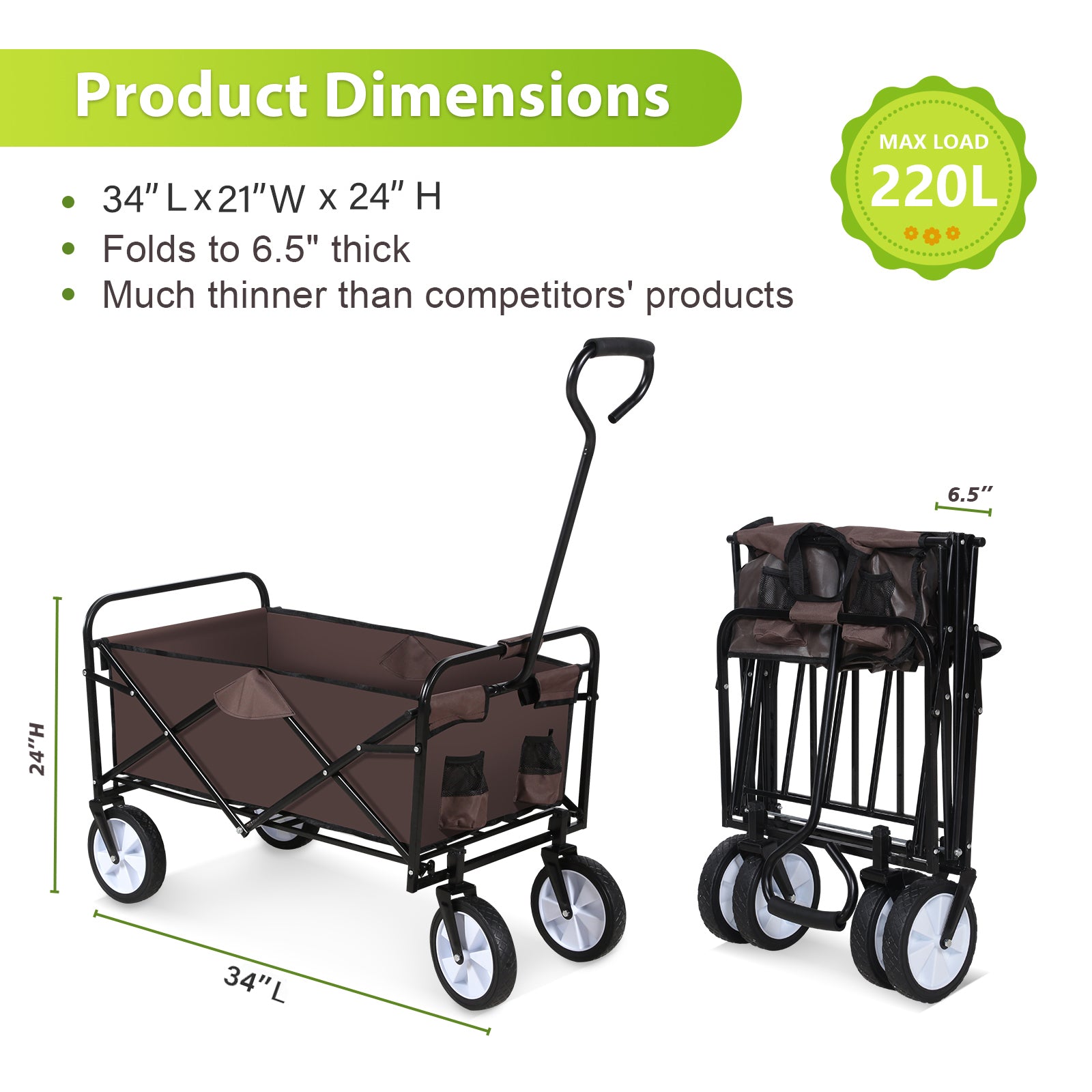 Yssoa Rolling Collapsible Garden Cart Camping Wagon, With 360 Degree Swivel Wheels & Adjustable Handle, 220Lbs Weight Capacity,Brown Brown Steel