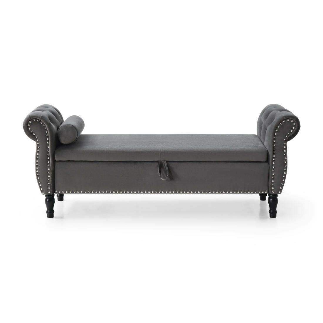 Aijia 63" Velvet Multifunctional Storage Rectangular Sofa Stool Buttons Tufted Trimmed Solid Wood Legs With 1 Pillow,Grey Grey Velvet