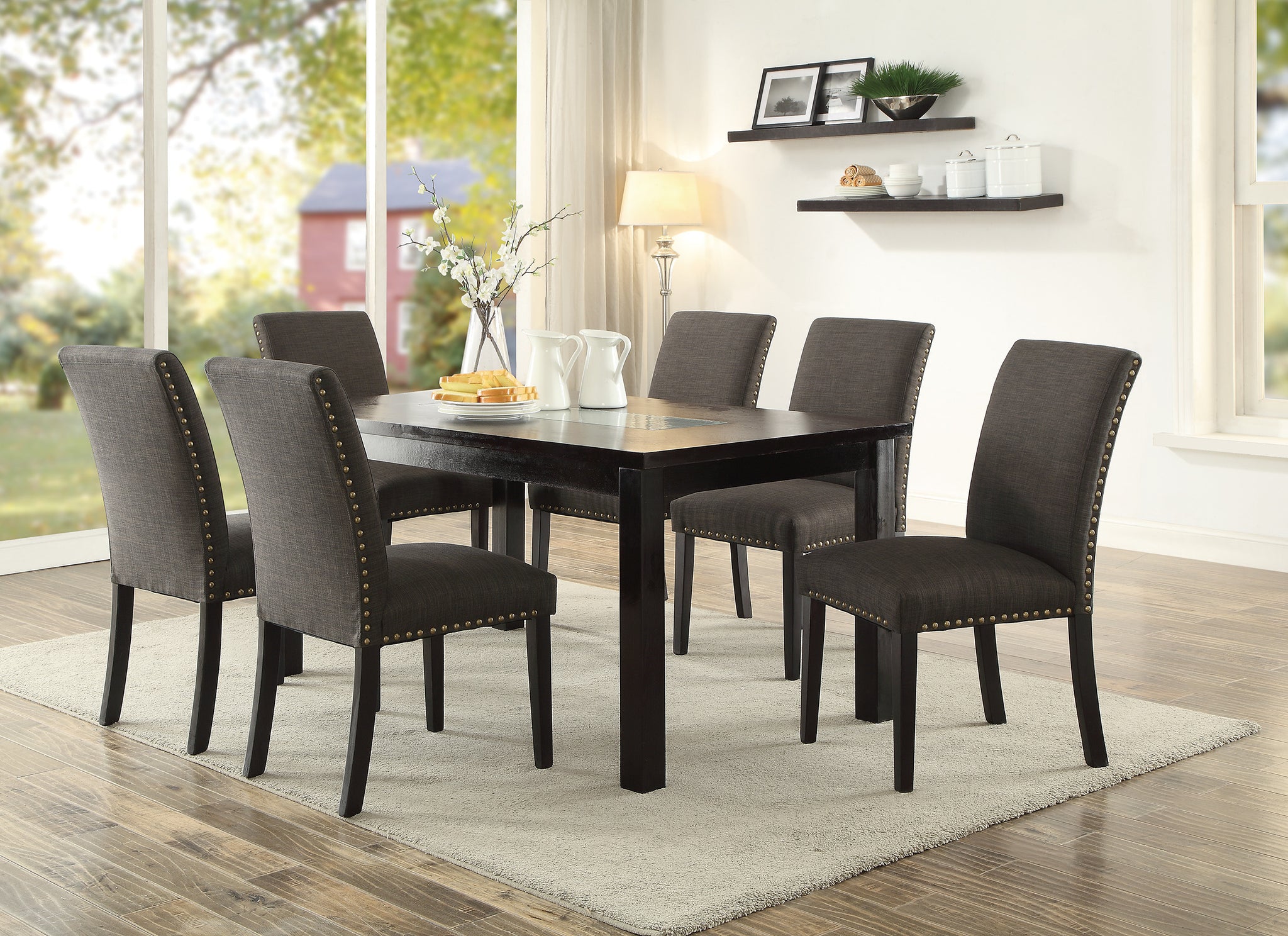 Contemporary Dining Table Ash Black Polyfiber Upholstery 6X Side Chairs Cushion Seats 7Pc Dining Set Dining Room Furniture Upholstered Chair Wood Gun Ash Seats 6 Wood Dining Room 60 Inches Contemporary,Modern,Transitional Birch 4 Leg Rectangular Dining