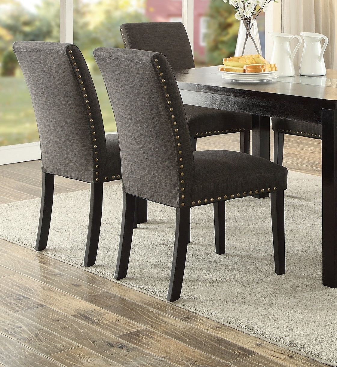 Dining Room Chairs Ash Black Polyfiber Nail Heads Parson Style Set Of 2 Side Chairs Dining Room Furniture Black Dining Room Modern,Transitional Solid Back Solid Wood