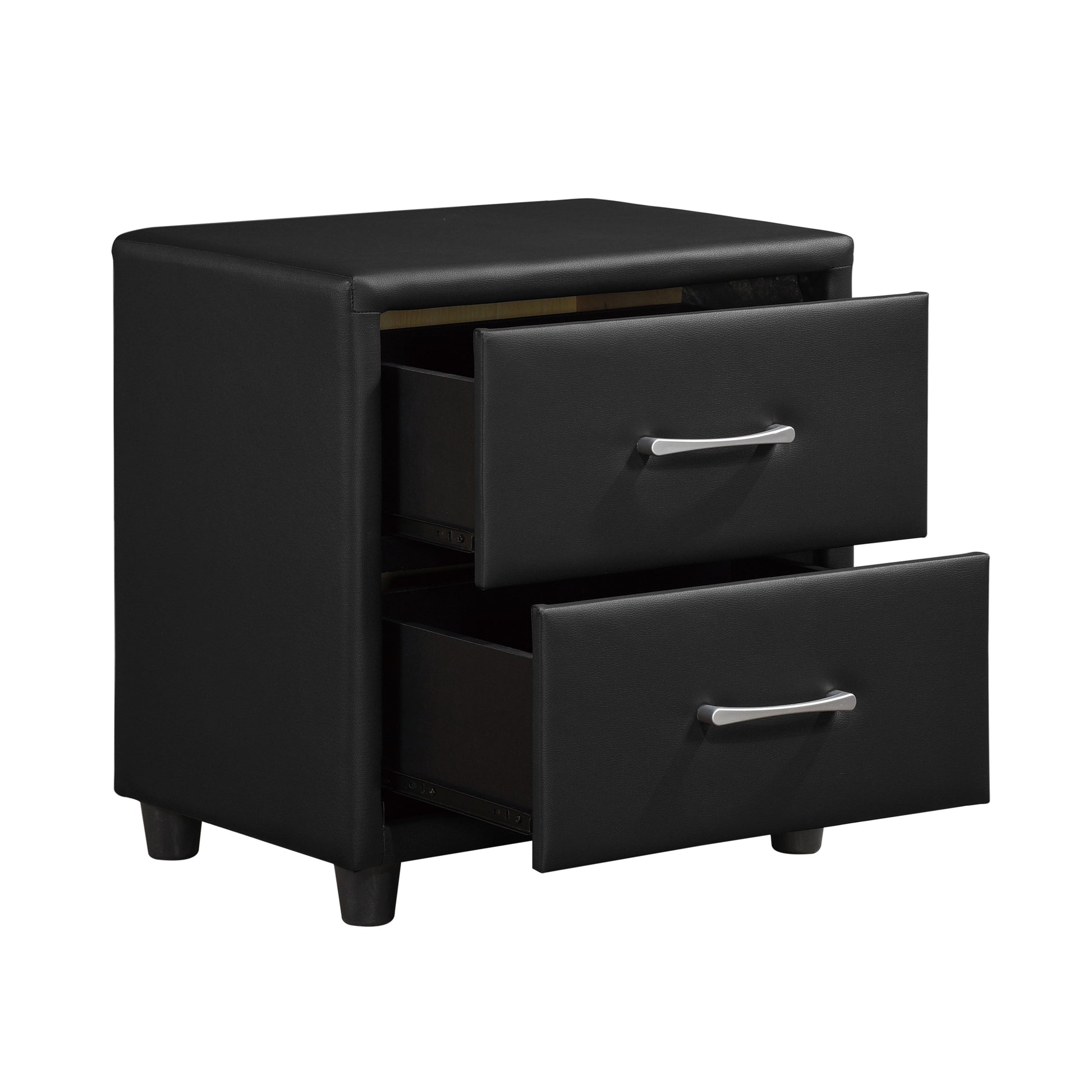 Contemporary Durable Black Faux Leather Covering 1Pc Nightstand Of Drawers Silver Tone Bar Pulls Stylish Furniture Black 2 Drawers Bedroom Contemporary,Traditional Plywood