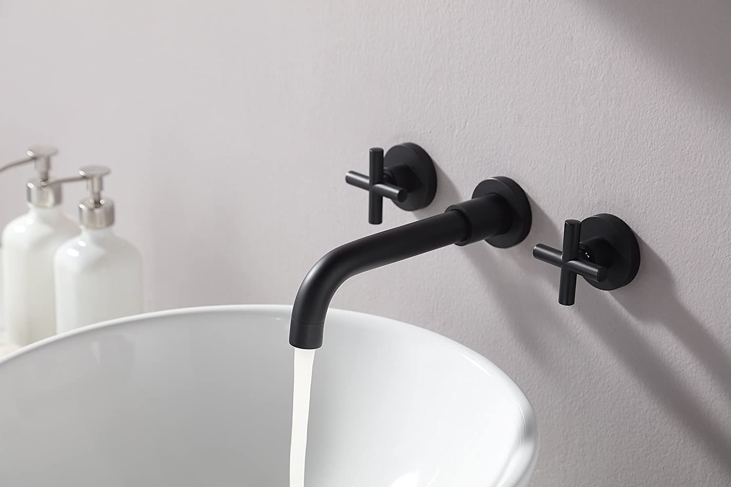 Double Handle Wall Mount Bathroom Faucet Matte Black Matte Black Brass