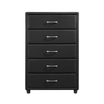 Contemporary Durable Black Faux Leather Covering 1Pc Chest Of Drawers Silver Tone Bar Pulls Stylish Furniture Black Bedroom Contemporary Plywood