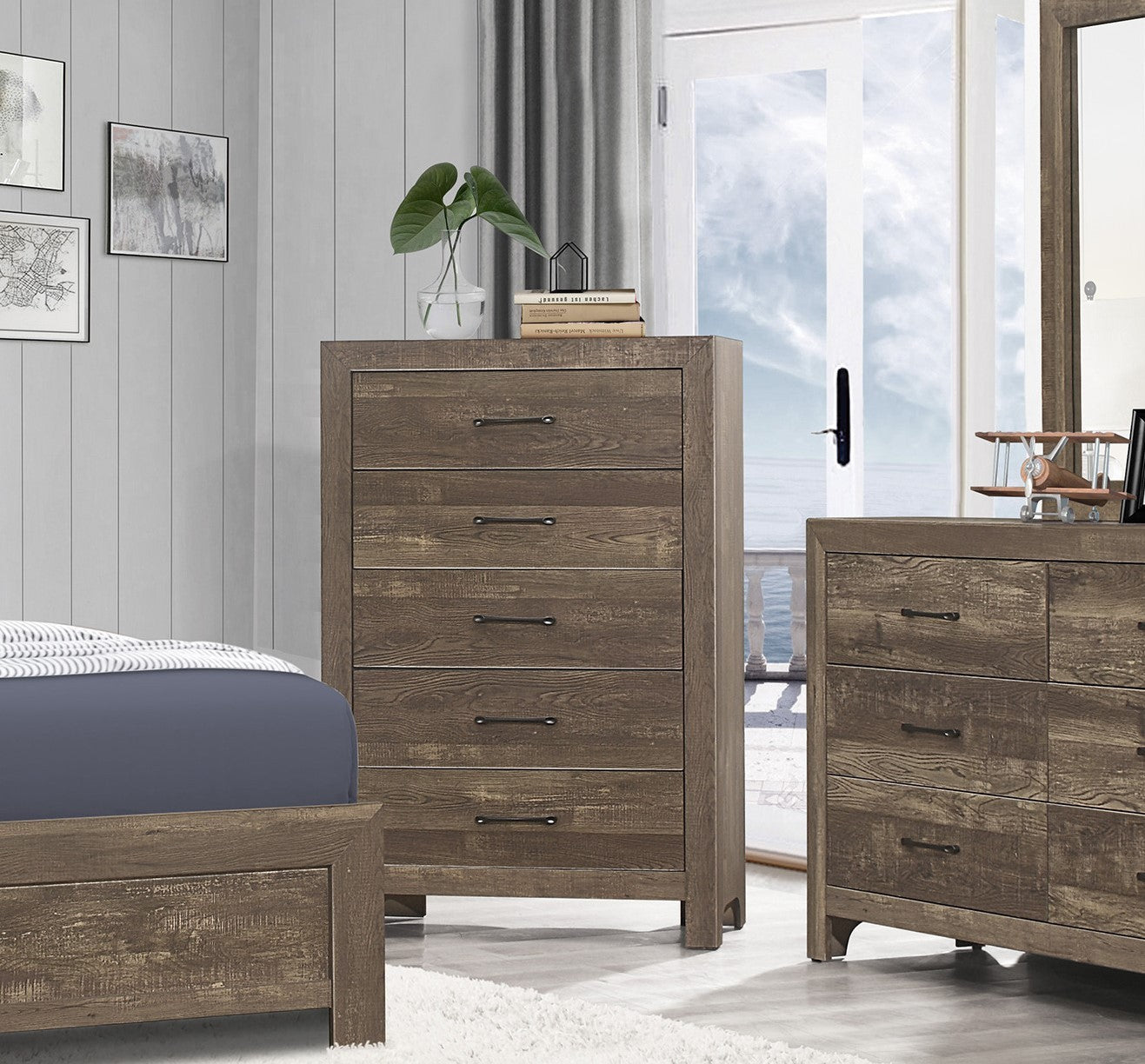 Simple Look Rustic Brown Finish 1Pc Chest Of 5X Drawers Black Metal Hardware Bedroom Furniture Rustic Brown Bedroom Wood