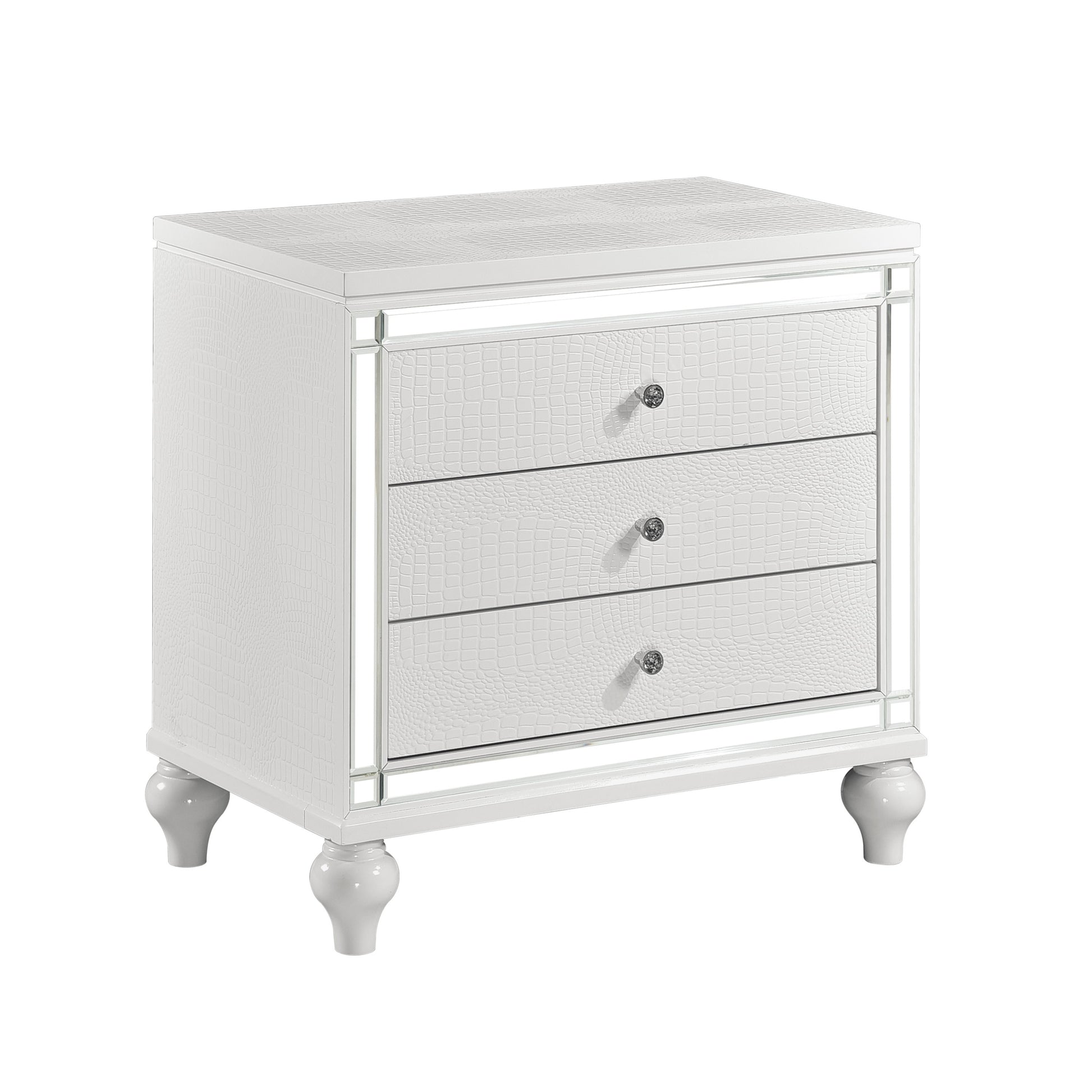 Glamorous Metallic White Finish 1Pc Nightstand Of 3X Drawers Faux Alligator Embossed Front Modern Bed Side Table White 3 Drawers Bedroom Wood