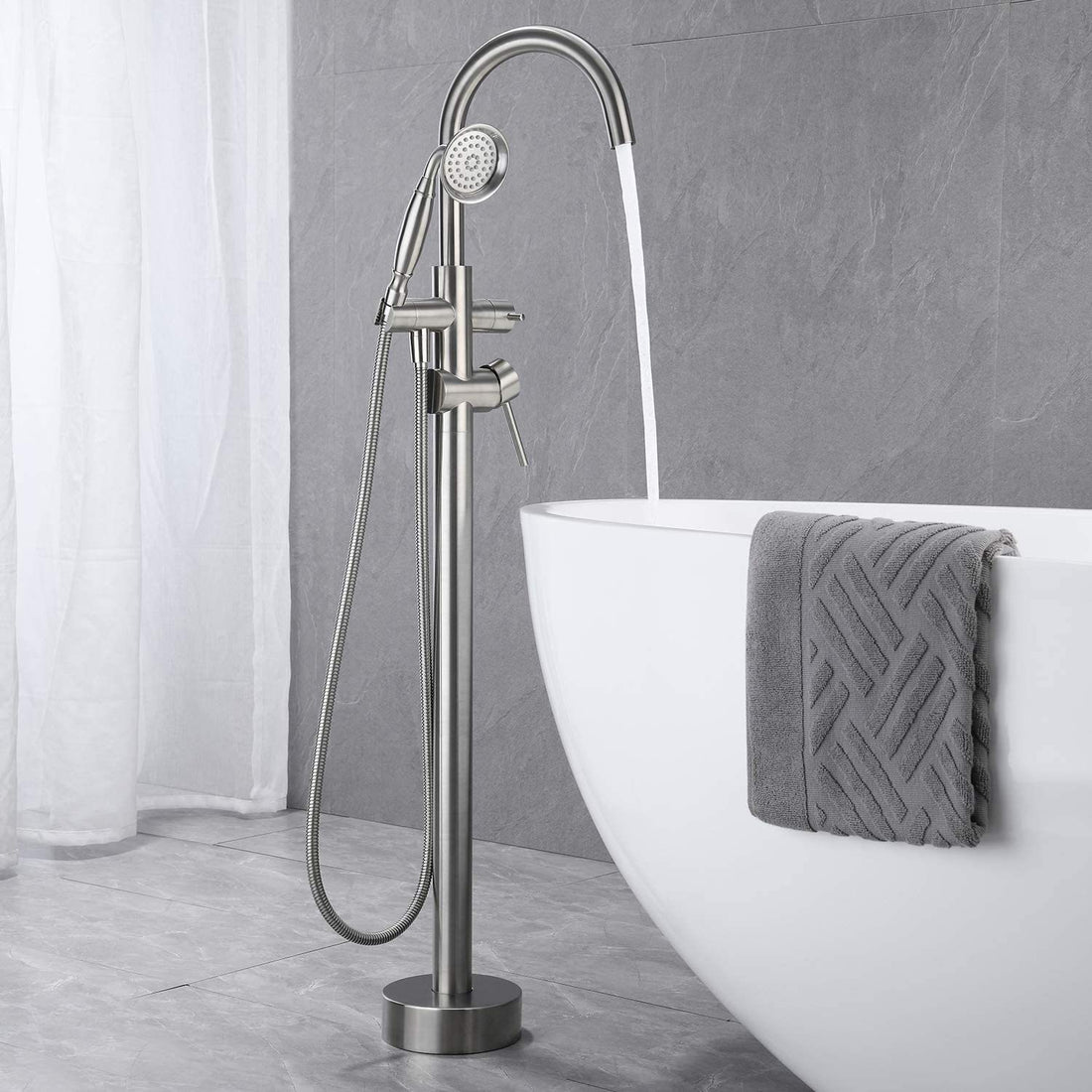 Freestanding Tub Filler Bathtub Faucet Brushed Nickel With Hand Held Shower Floor Mount Brushed Nickel Brass