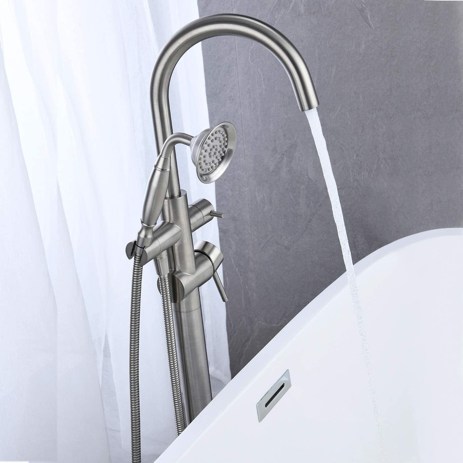 Freestanding Tub Filler Bathtub Faucet Brushed Nickel With Hand Held Shower Floor Mount Brushed Nickel Brass