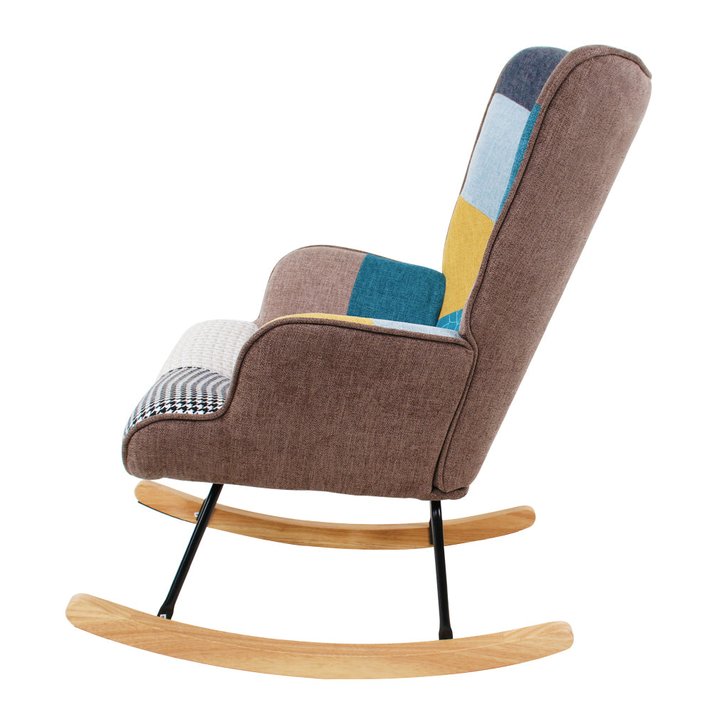 Rocking Chair, Mid Century Fabric Rocker Chair With Wood Legs And Patchwork Linen For Livingroom Bedroom Multicolor Linen