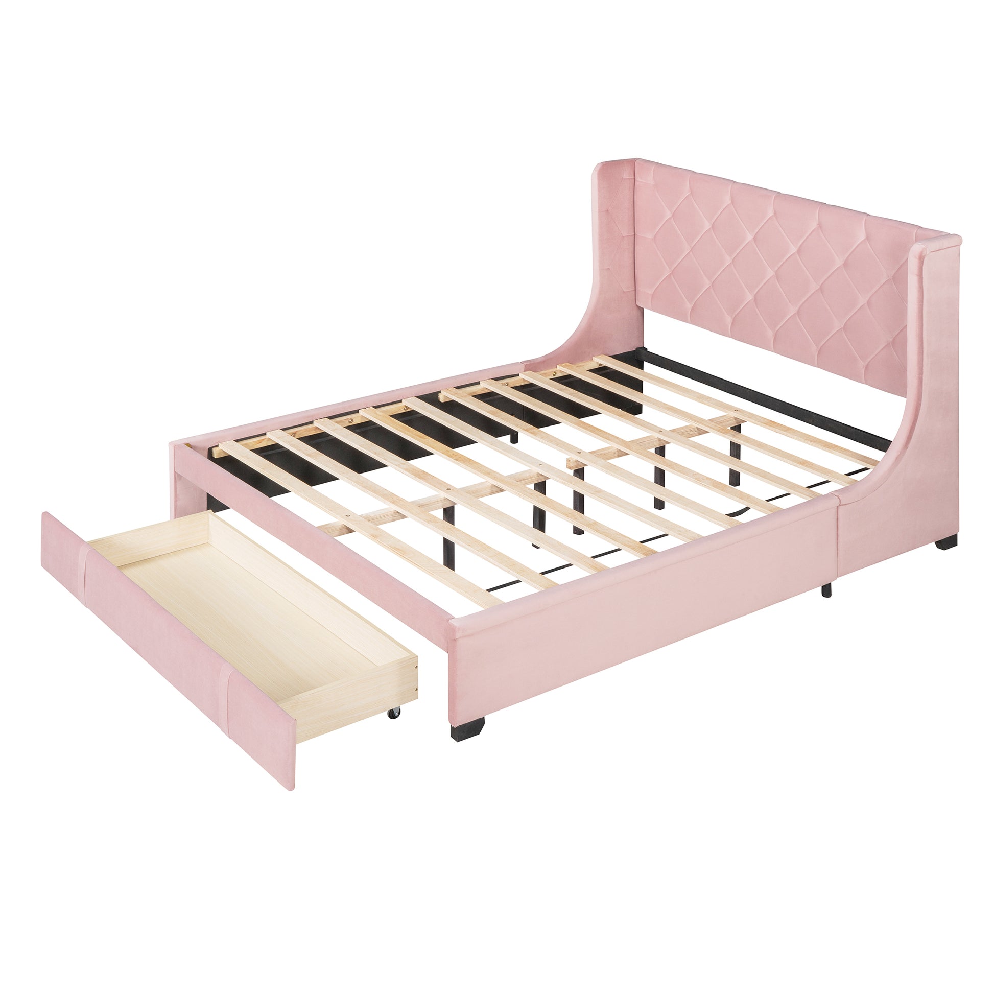 Queen Size Storage Bed Velvet Upholstered Platform Bed pink-upholstered