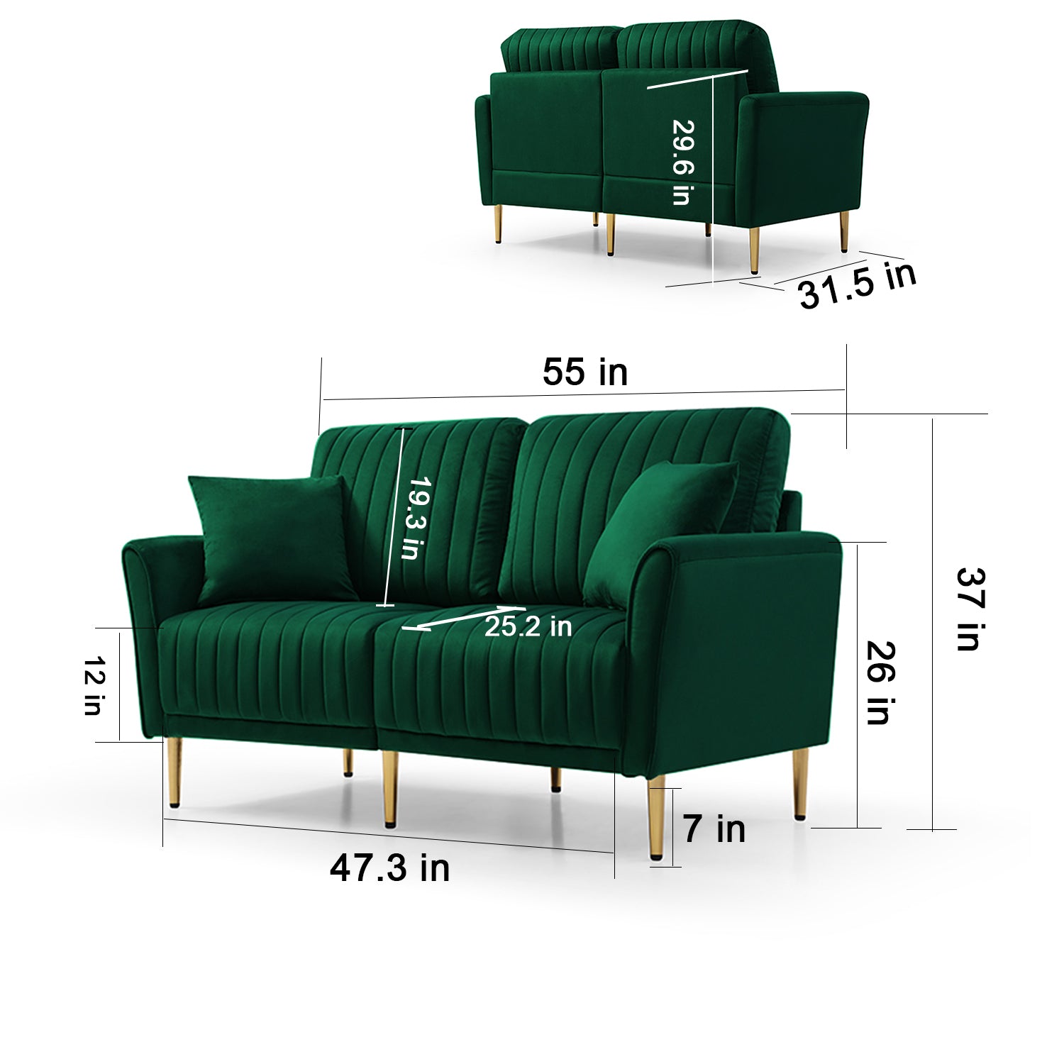 2 Seater Sofa Couch With Channel Tufted On Back And Seat Cushions, Two Throw Pillows, Velvet Green Green Foam Velvet 2 Seat