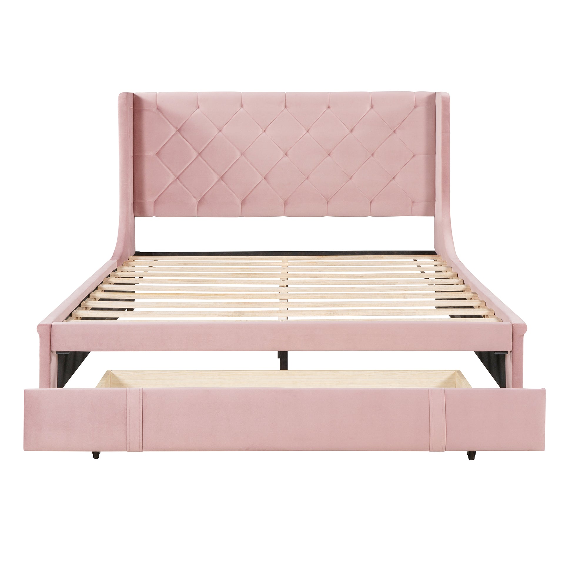 Queen Size Storage Bed Velvet Upholstered Platform Bed pink-upholstered