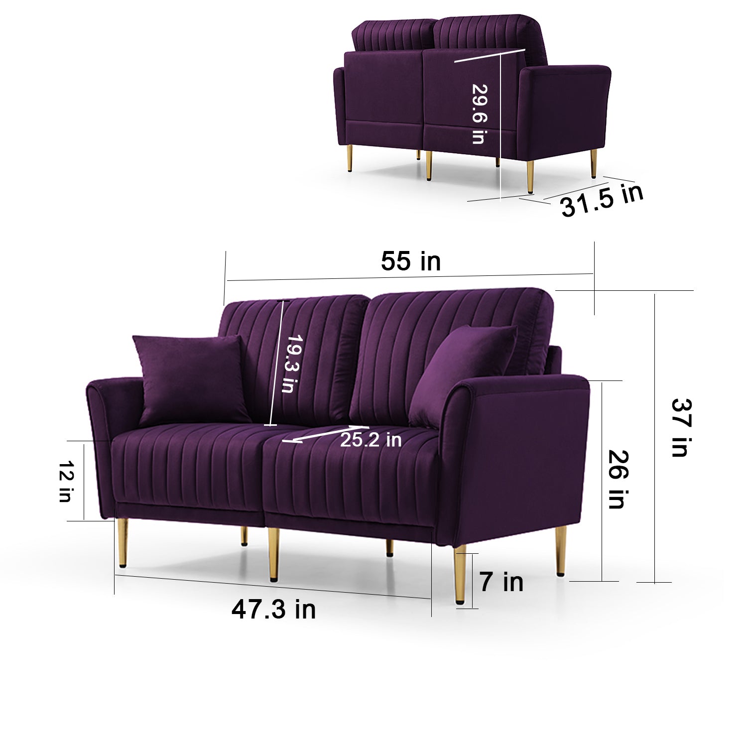 2 Piece Velvet Upholstered Living Room Sofa Set, Including 2 Pieces 2 Seater Sofa With Channel Tufted And Revsible Pillows, Free Self Fabric Pillow Included, Purple Purple Foam Velvet 4 Seat