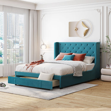 Queen Size Storage Bed Velvet Upholstered Platform Bed With Wingback Headboard And A Big Drawer Blue Blue Upholstered