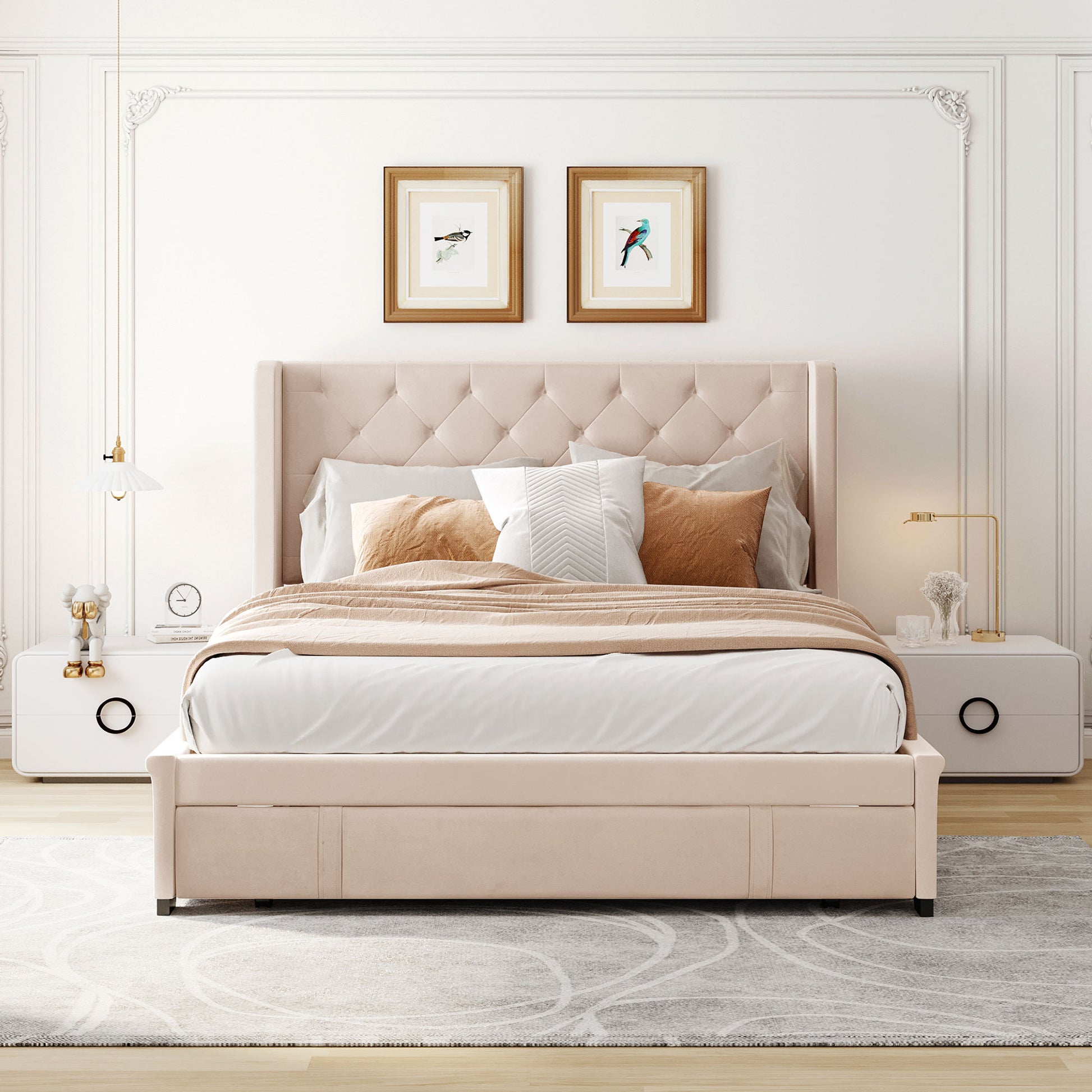 Queen Size Storage Bed Velvet Upholstered Platform Bed beige-upholstered