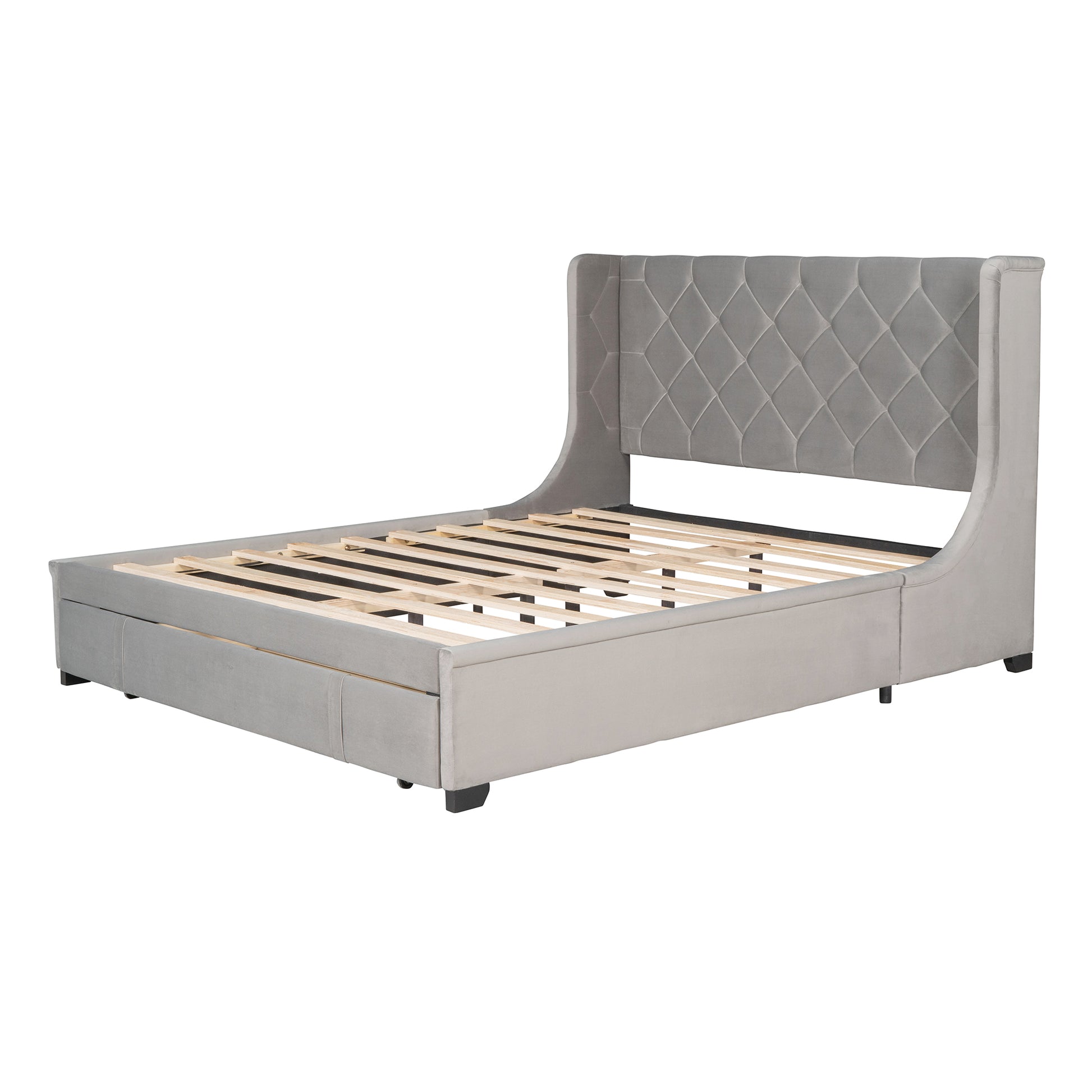 Queen Size Storage Bed Velvet Upholstered Platform Bed gray-upholstered