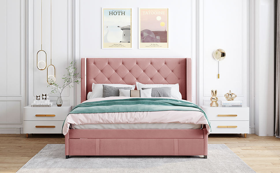 Queen Size Storage Bed Velvet Upholstered Platform Bed pink-upholstered