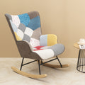 Rocking Chair, Mid Century Fabric Rocker Chair With Wood Legs And Patchwork Linen For Livingroom Bedroom Multicolor Linen
