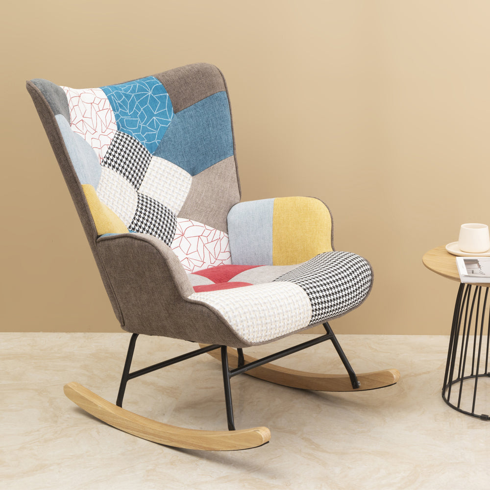 Rocking Chair, Mid Century Fabric Rocker Chair With Wood Legs And Patchwork Linen For Livingroom Bedroom Multicolor Linen