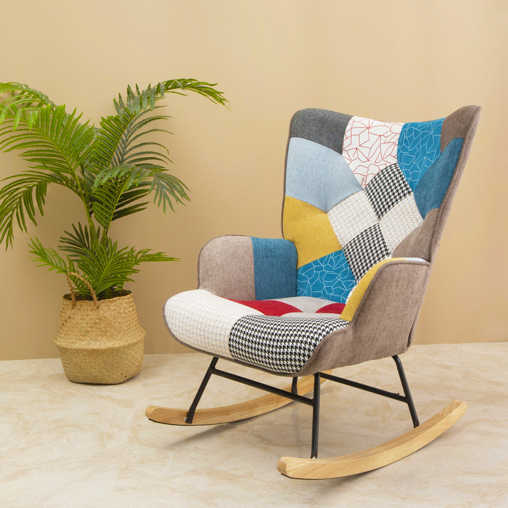 Rocking Chair, Mid Century Fabric Rocker Chair With Wood Legs And Patchwork Linen For Livingroom Bedroom Multicolor Linen