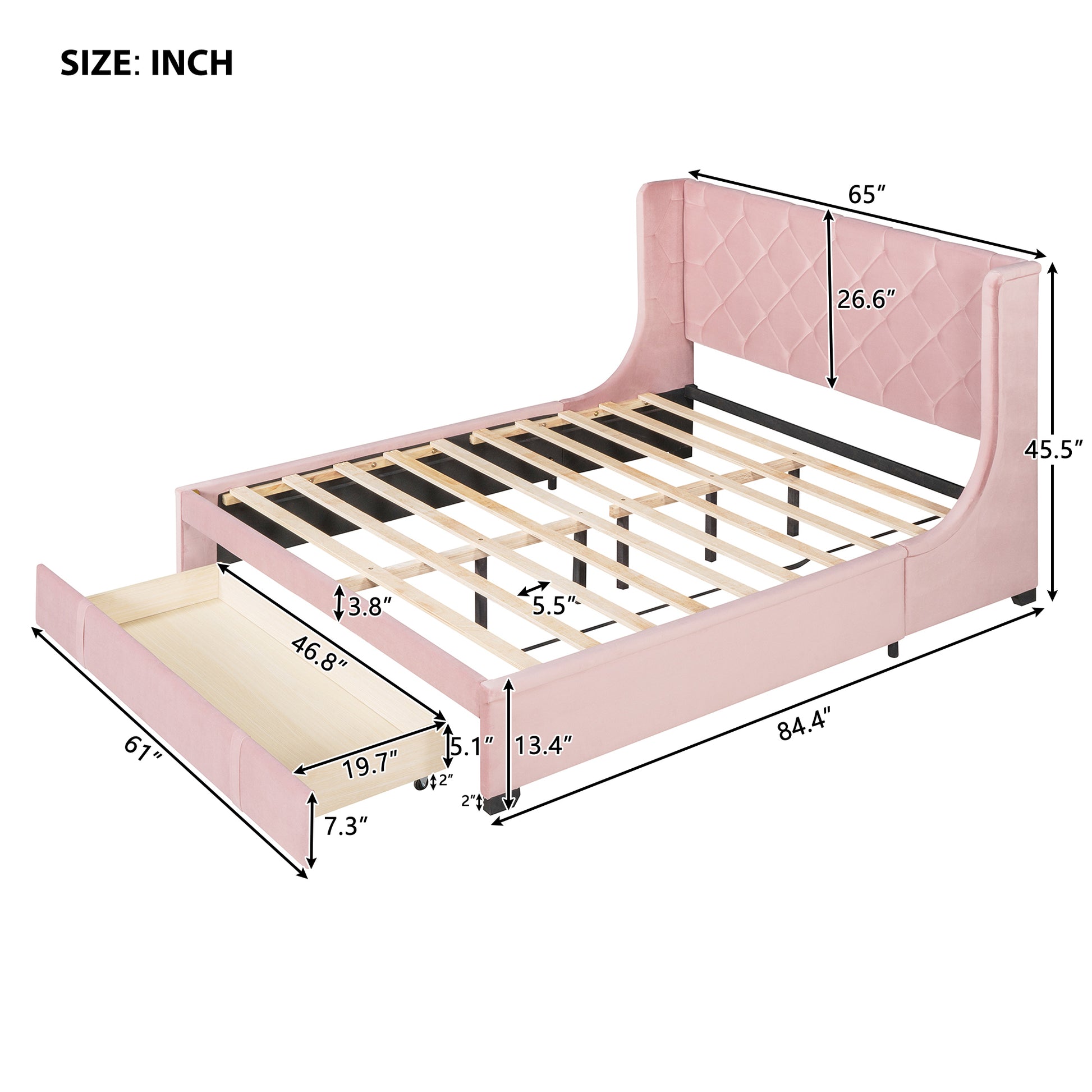 Queen Size Storage Bed Velvet Upholstered Platform Bed pink-upholstered