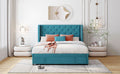 Queen Size Storage Bed Velvet Upholstered Platform Bed blue-upholstered