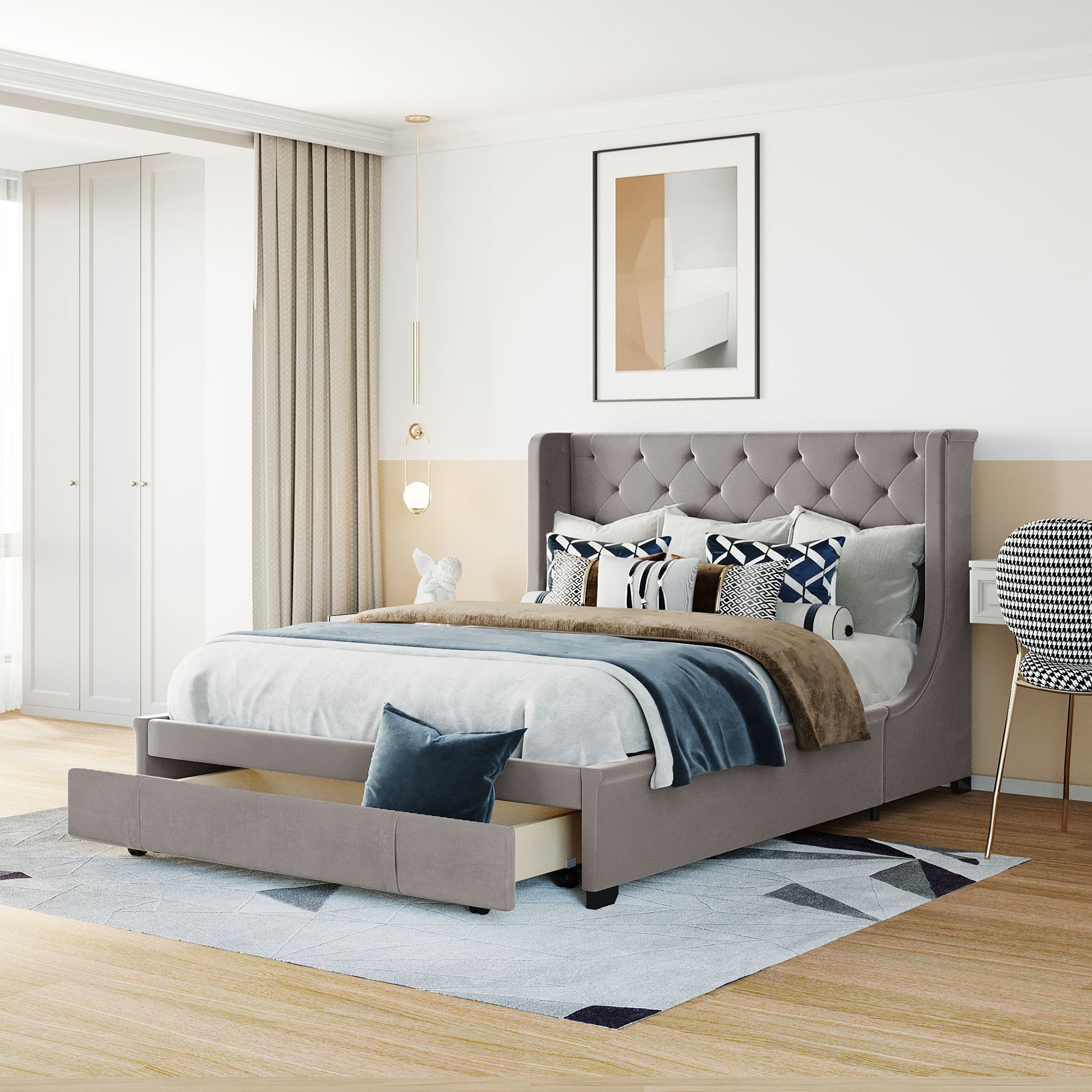 Queen Size Storage Bed Velvet Upholstered Platform Bed gray-upholstered