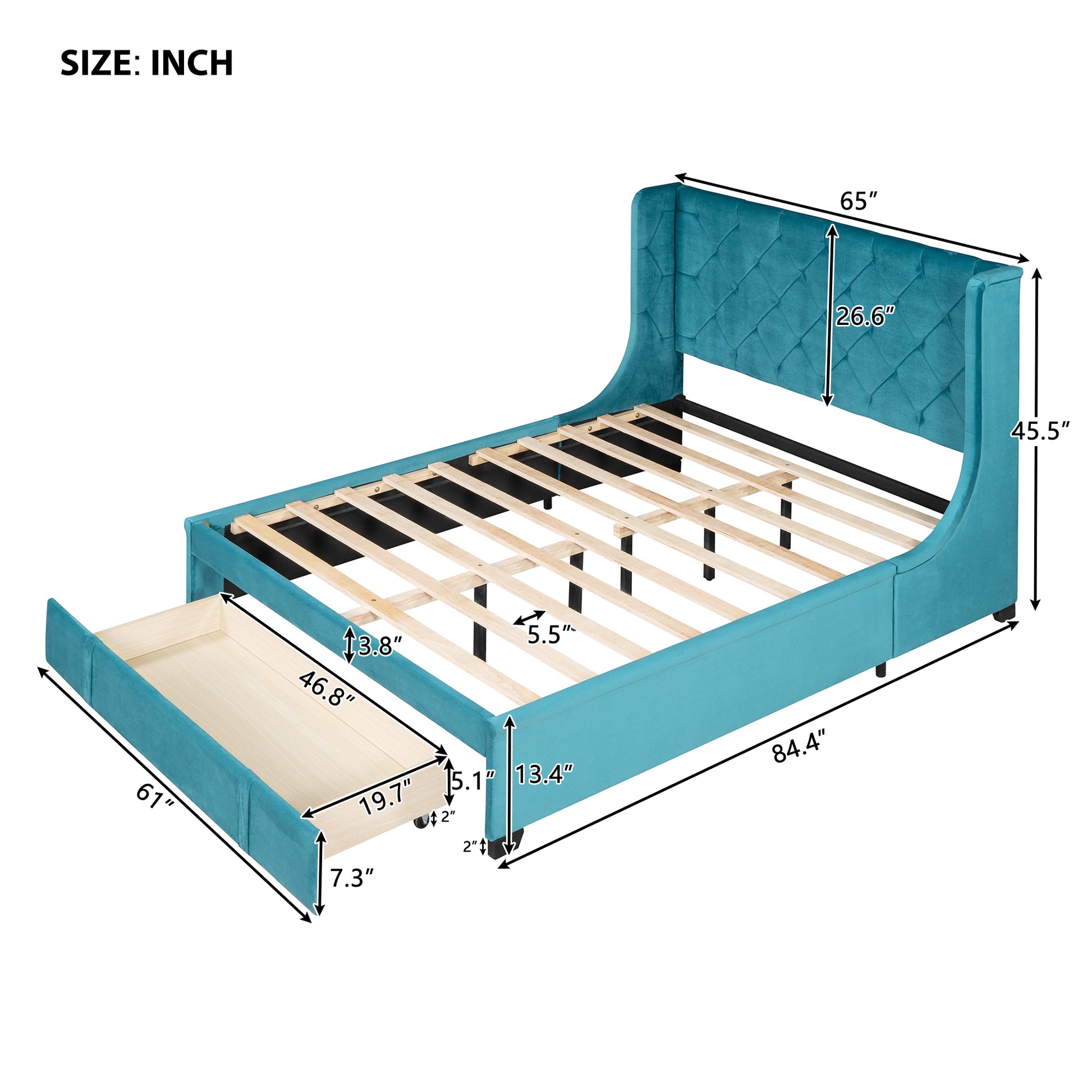 Queen Size Storage Bed Velvet Upholstered Platform Bed blue-upholstered