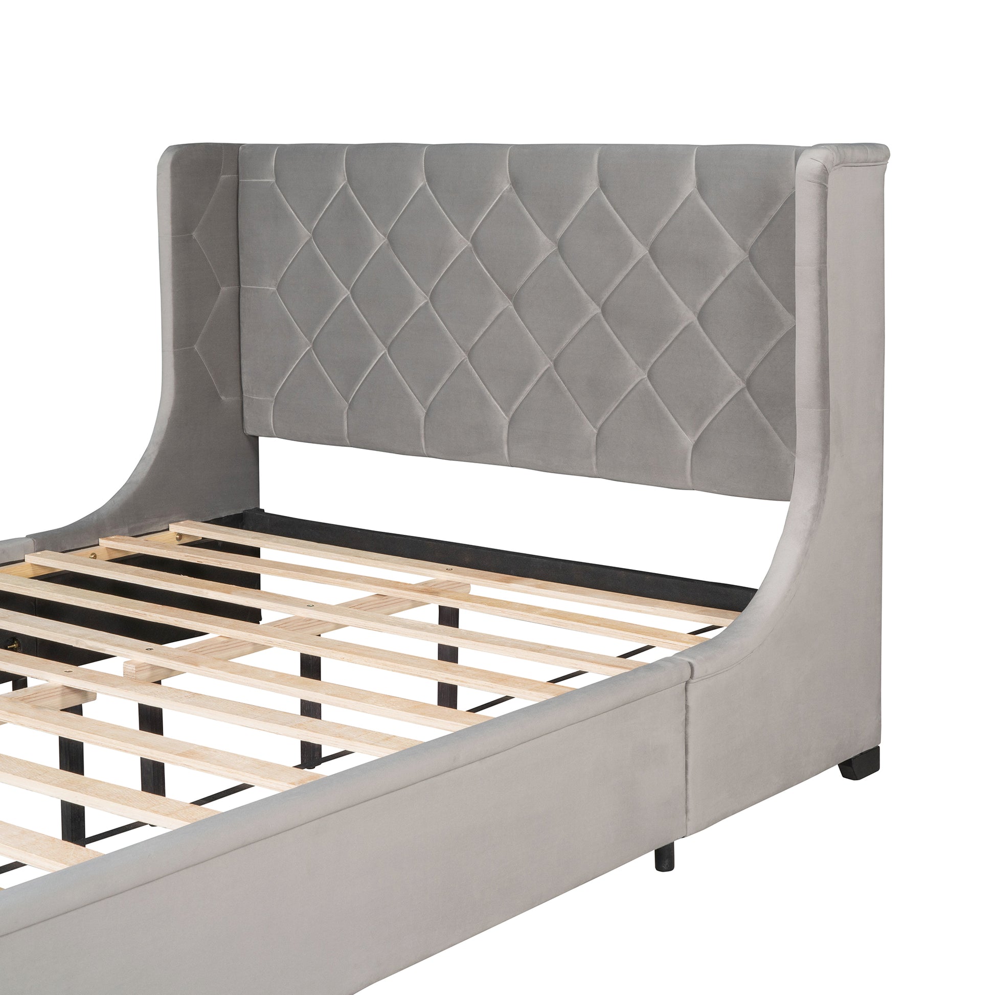 Queen Size Storage Bed Velvet Upholstered Platform Bed With Wingback Headboard And A Big Drawer Gray Gray Upholstered