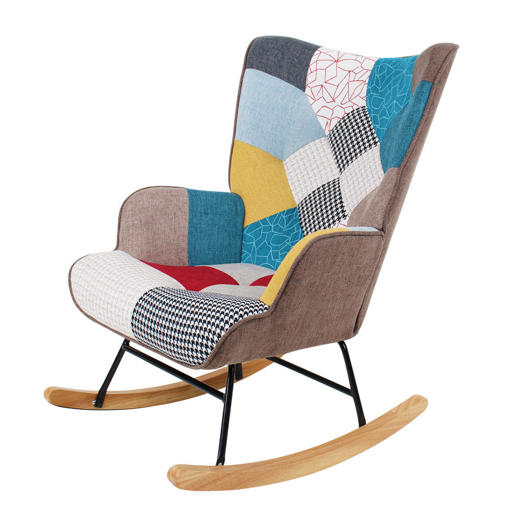 Rocking Chair, Mid Century Fabric Rocker Chair With Wood Legs And Patchwork Linen For Livingroom Bedroom Multicolor Linen