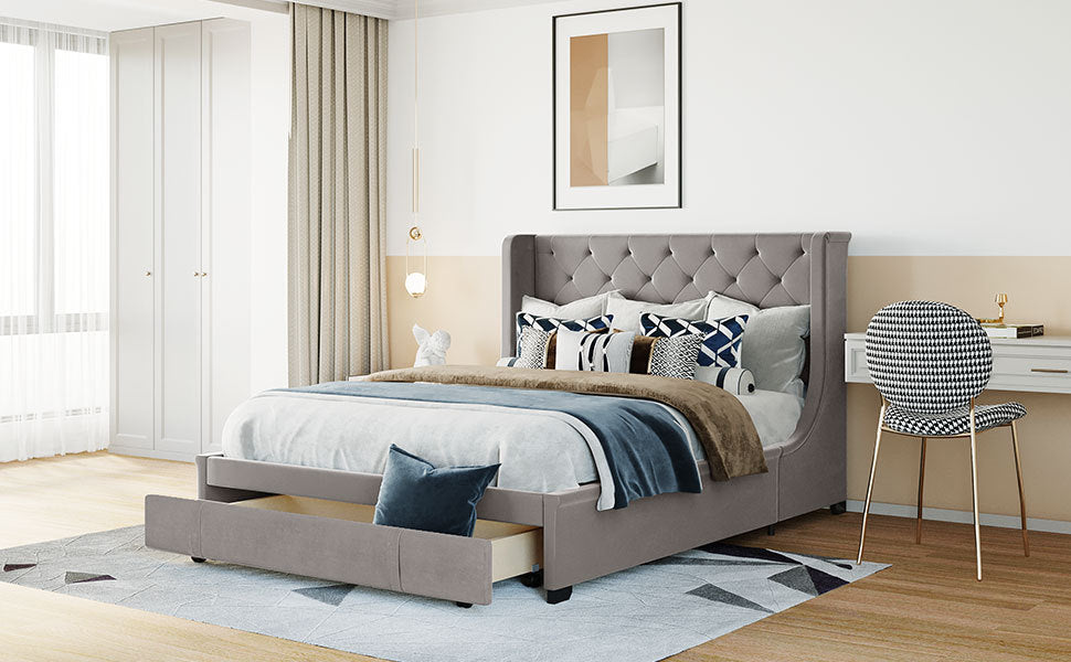 Queen Size Storage Bed Velvet Upholstered Platform Bed gray-upholstered